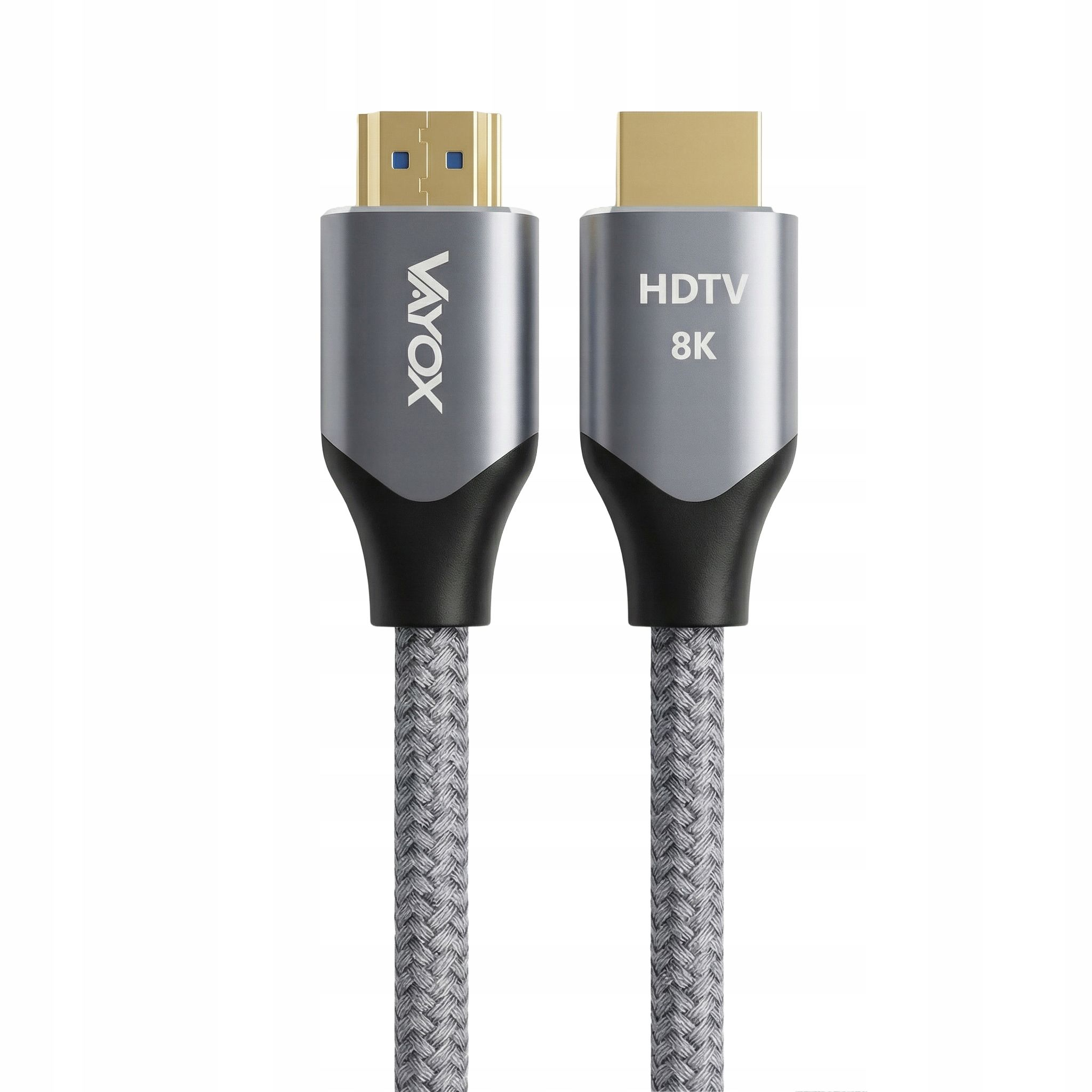 Zwei Vayox 8K HDTV-Kabel mit grauen Steckern und geflochtenem Mantel vor weißem Hintergrund.