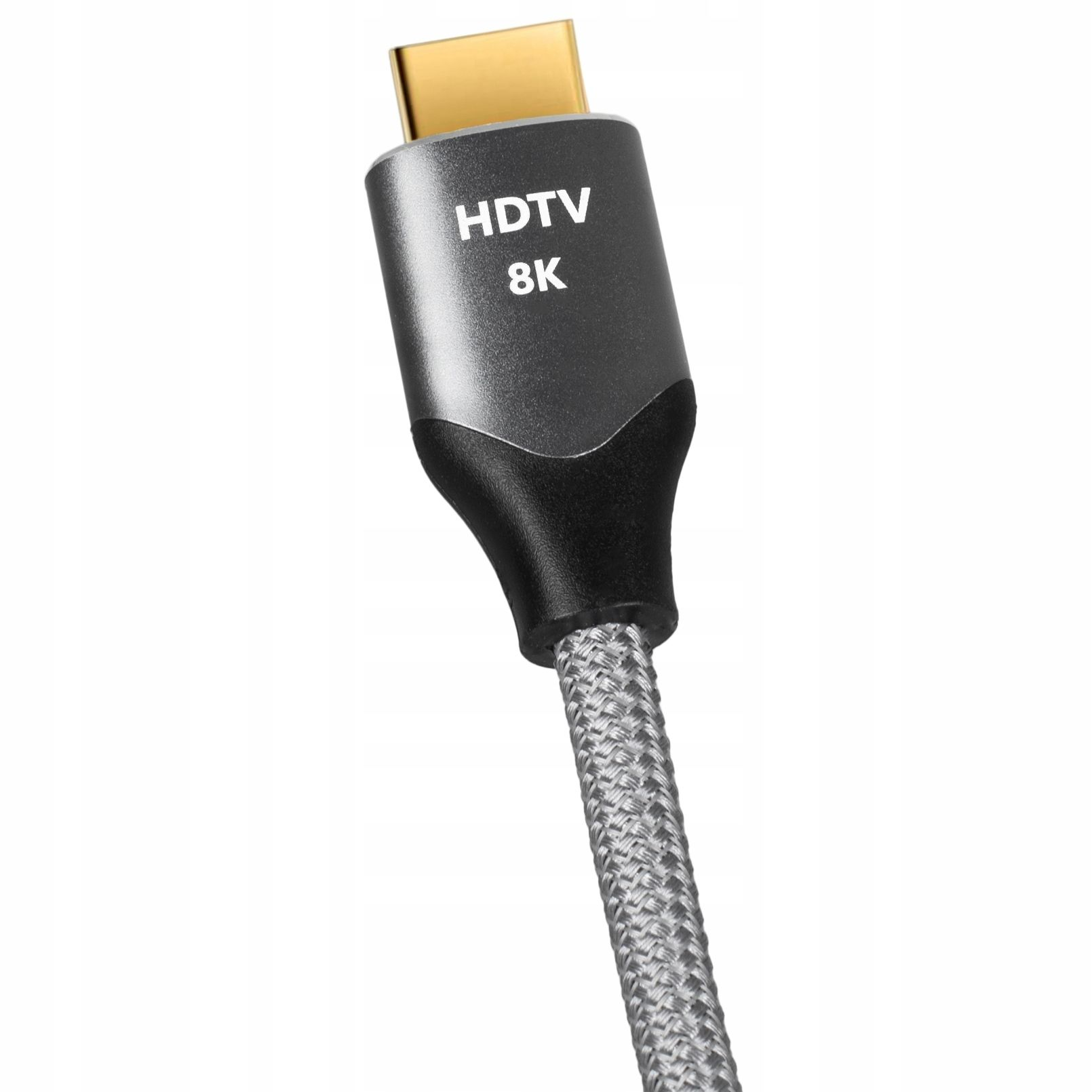 Ein graues 8K-HDTV-Kabel mit goldenem Stecker und schwarzem Gehäuse auf weißem Hintergrund.