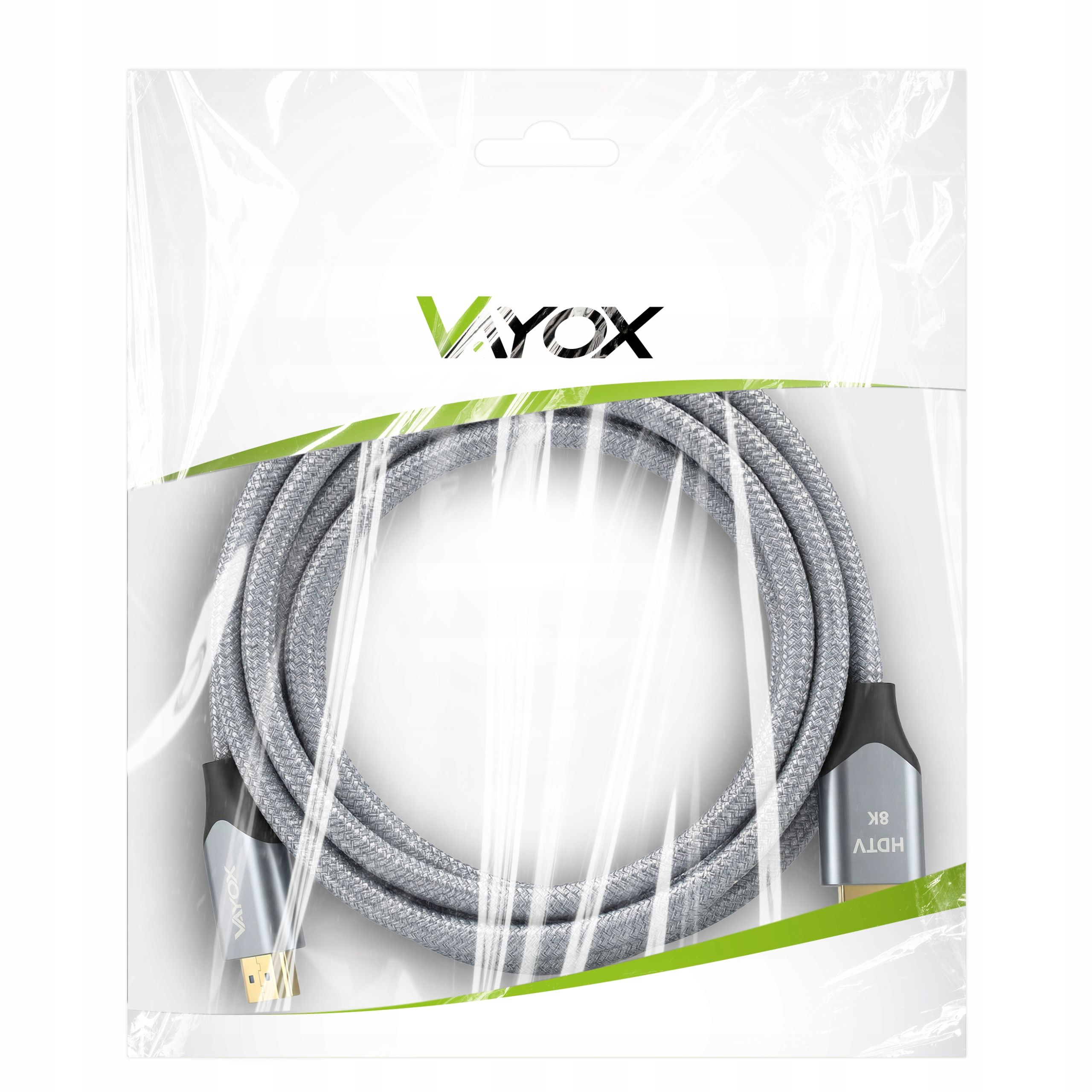 Ein graues Vayox 8K-HDMI-Kabel in versiegelter Plastikverpackung.