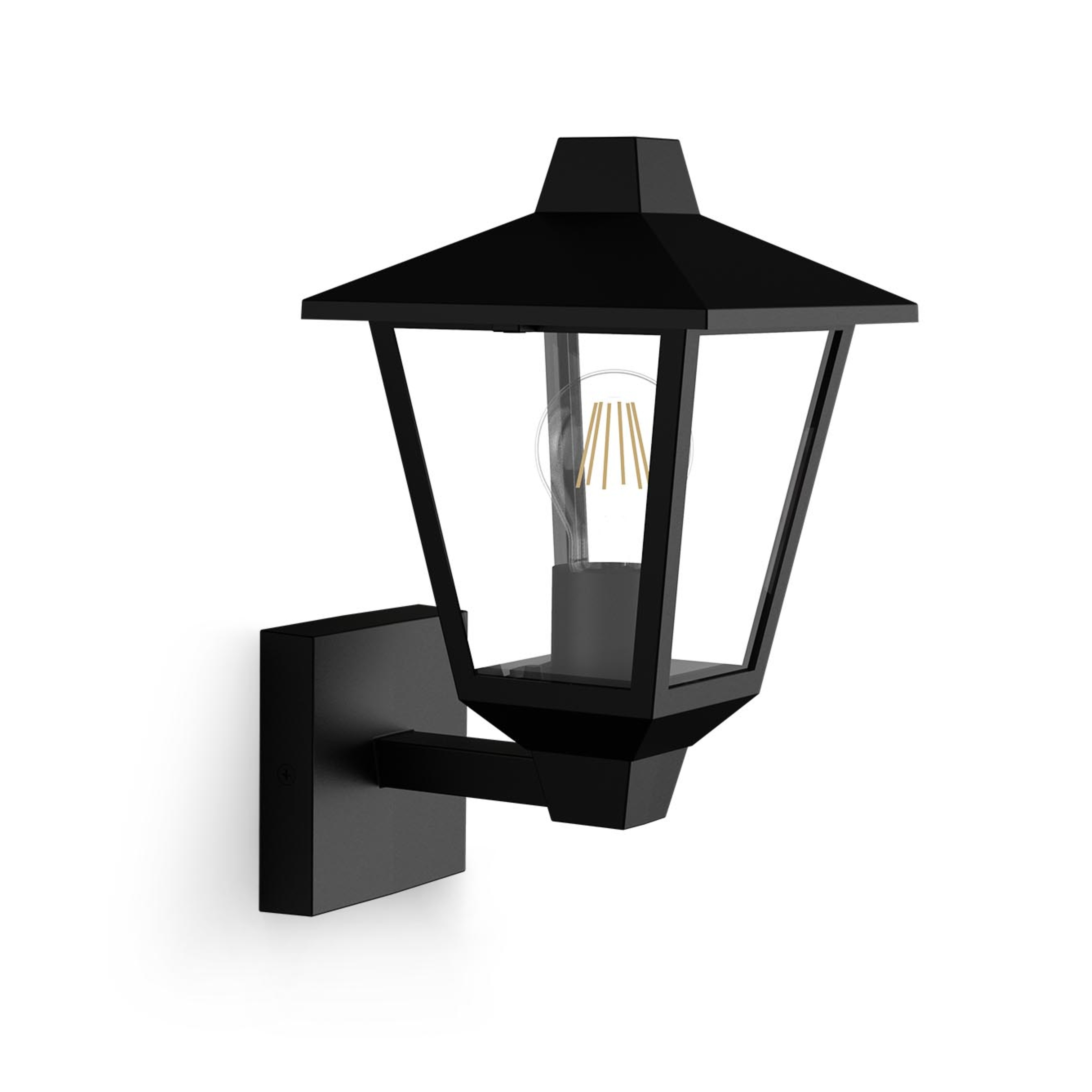 Zwarte buitenwandlamp in lantaarnstijl met zichtbare gloeilamp op een witte achtergrond.
