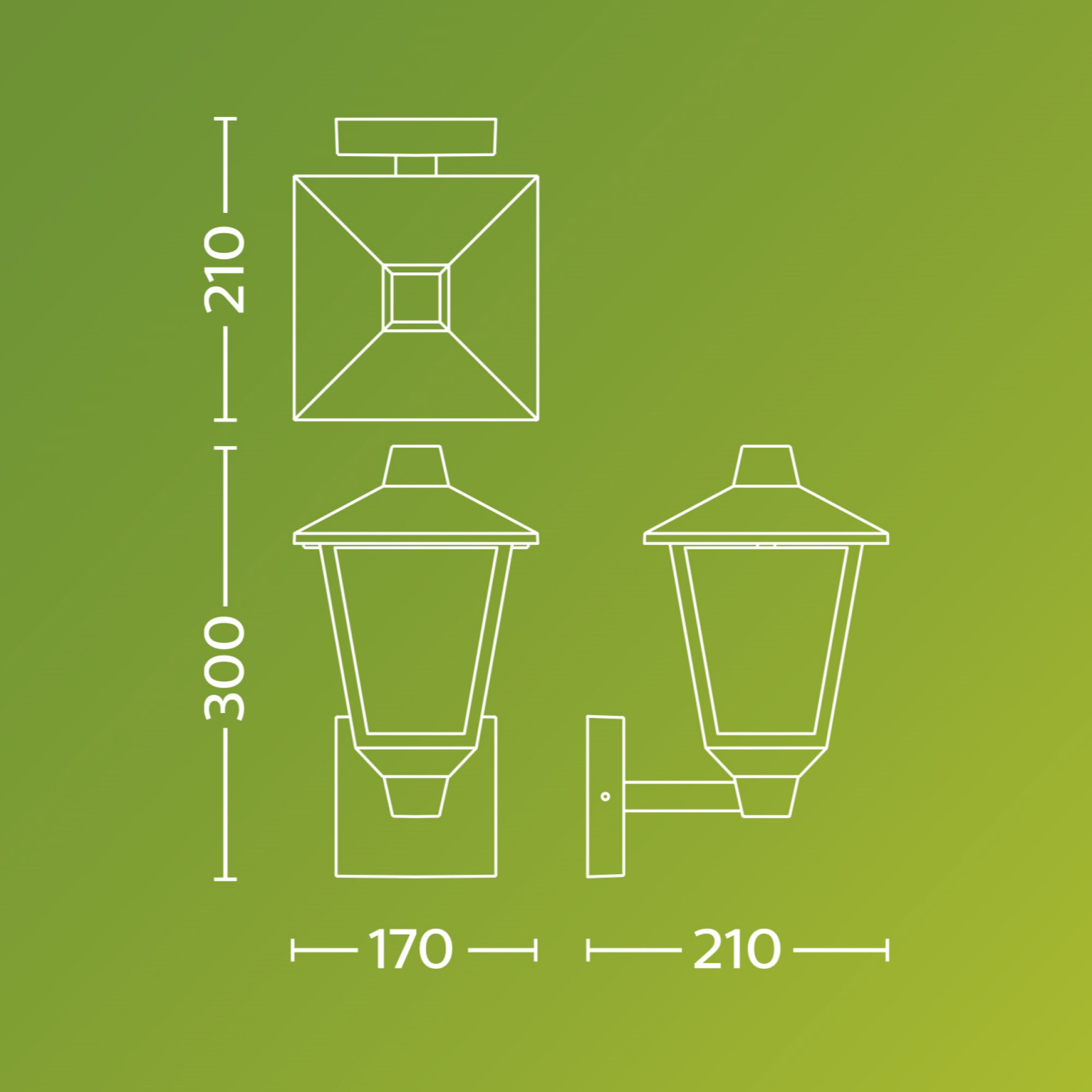 Technische tekening van een buitenlamp met afmetingen op groene achtergrond.