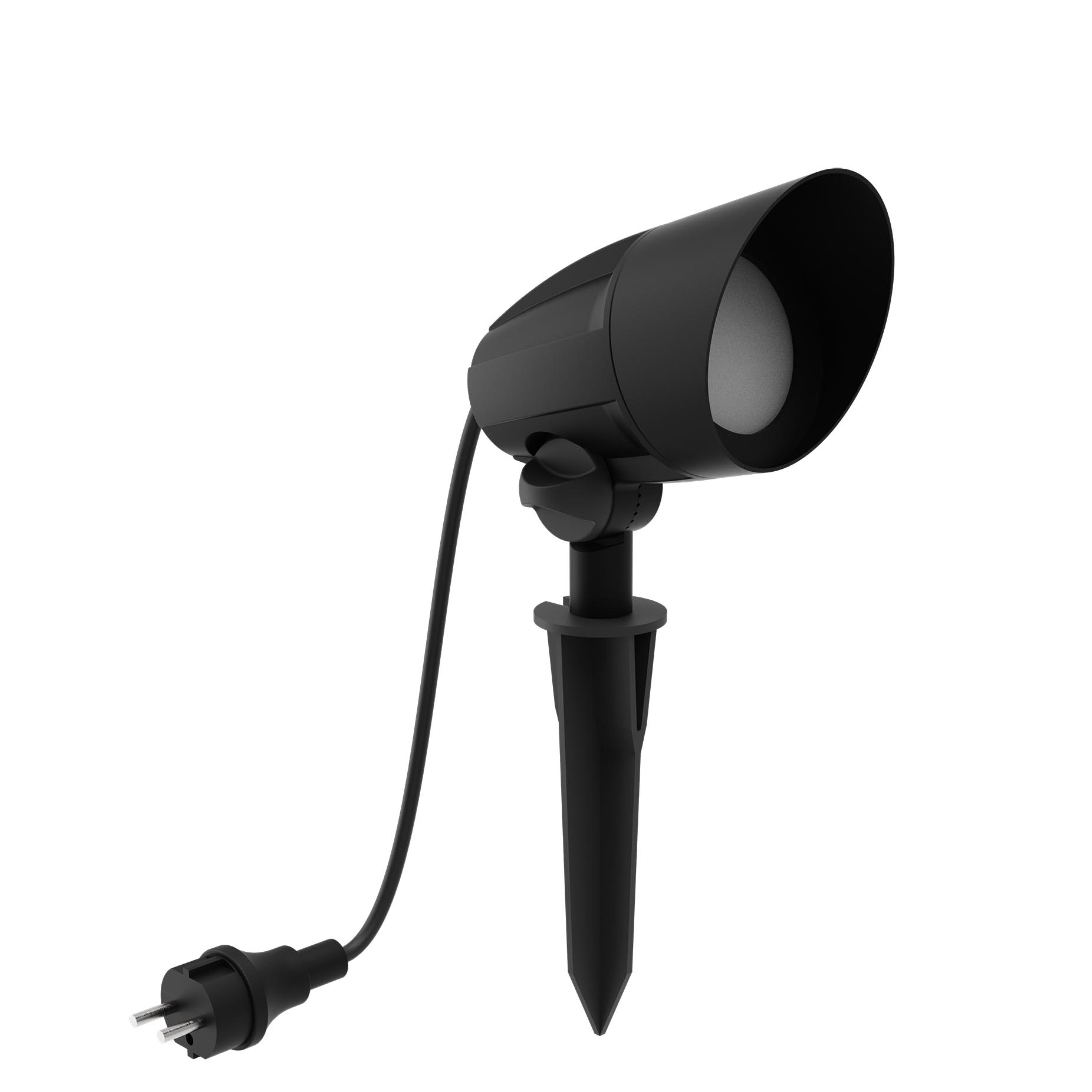 Zwarte LED tuinspitspot met kabel en stekker op een witte achtergrond.