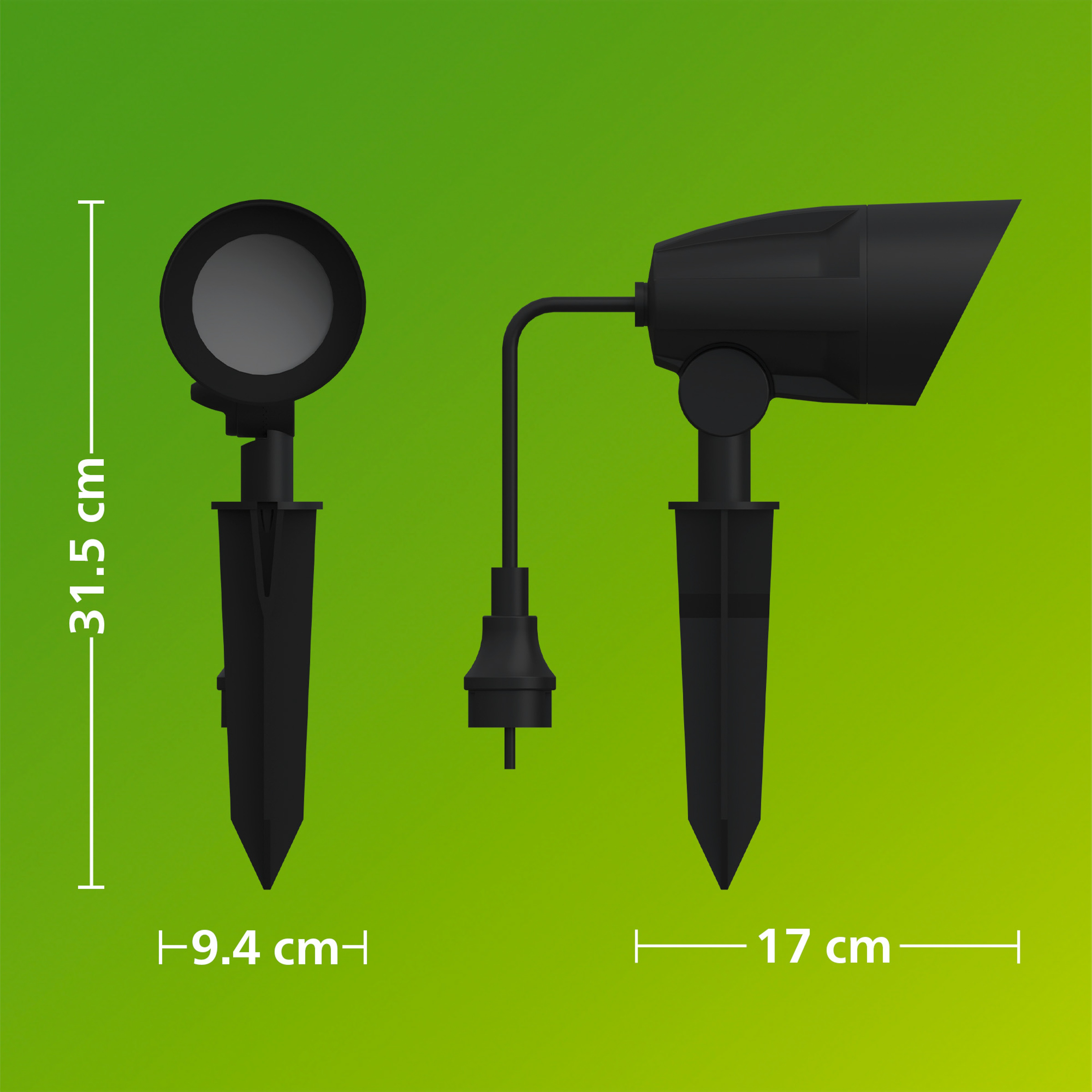 Zwarte tuinlamp op een groene achtergrond met afmetingen van 31,5 cm hoog, 9,4 cm breed en 17 cm lang.