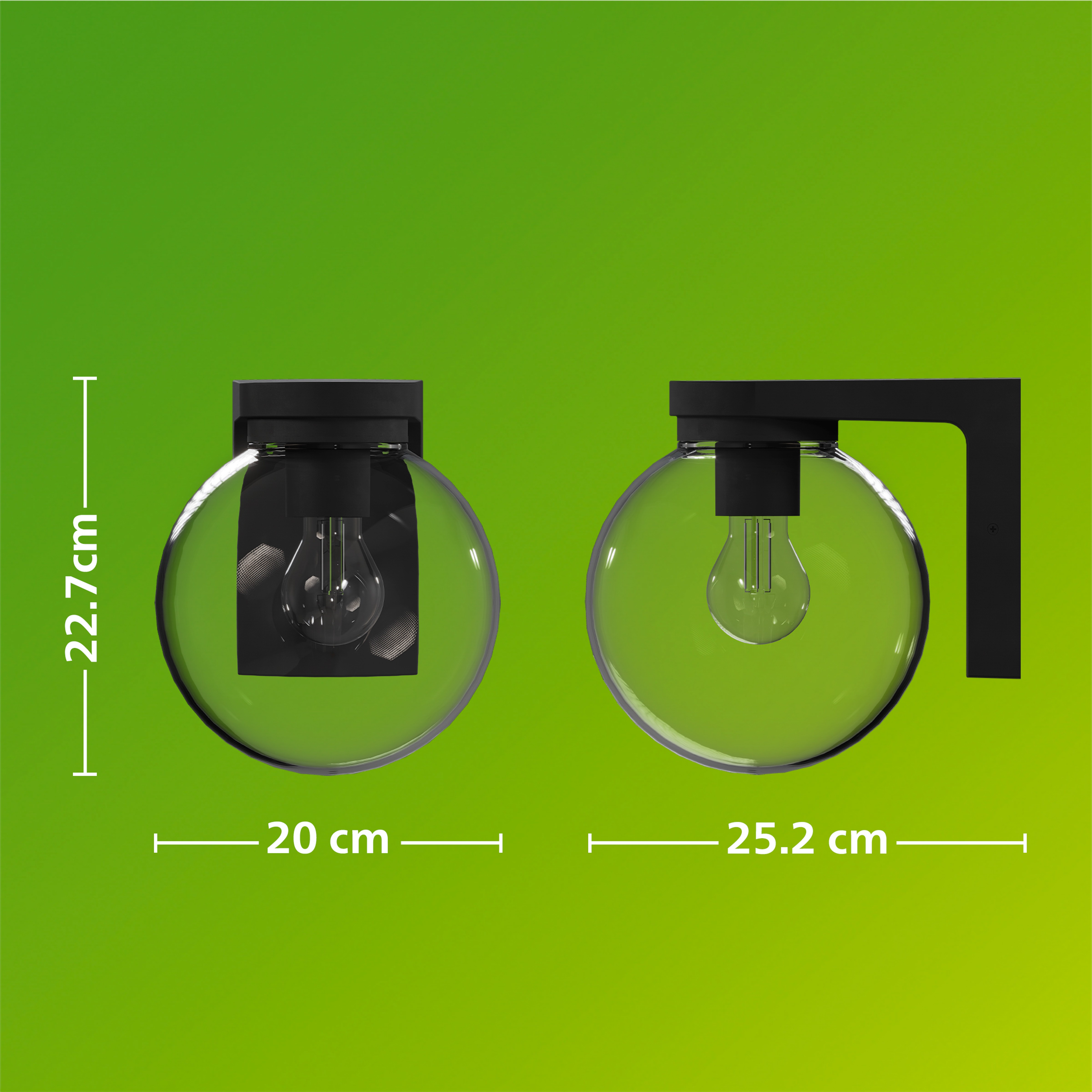 Twee zwarte bolvormige wandlampen met afmetingen van 22,7 cm hoog, 20 cm en 25,2 cm breed op een groene achtergrond.