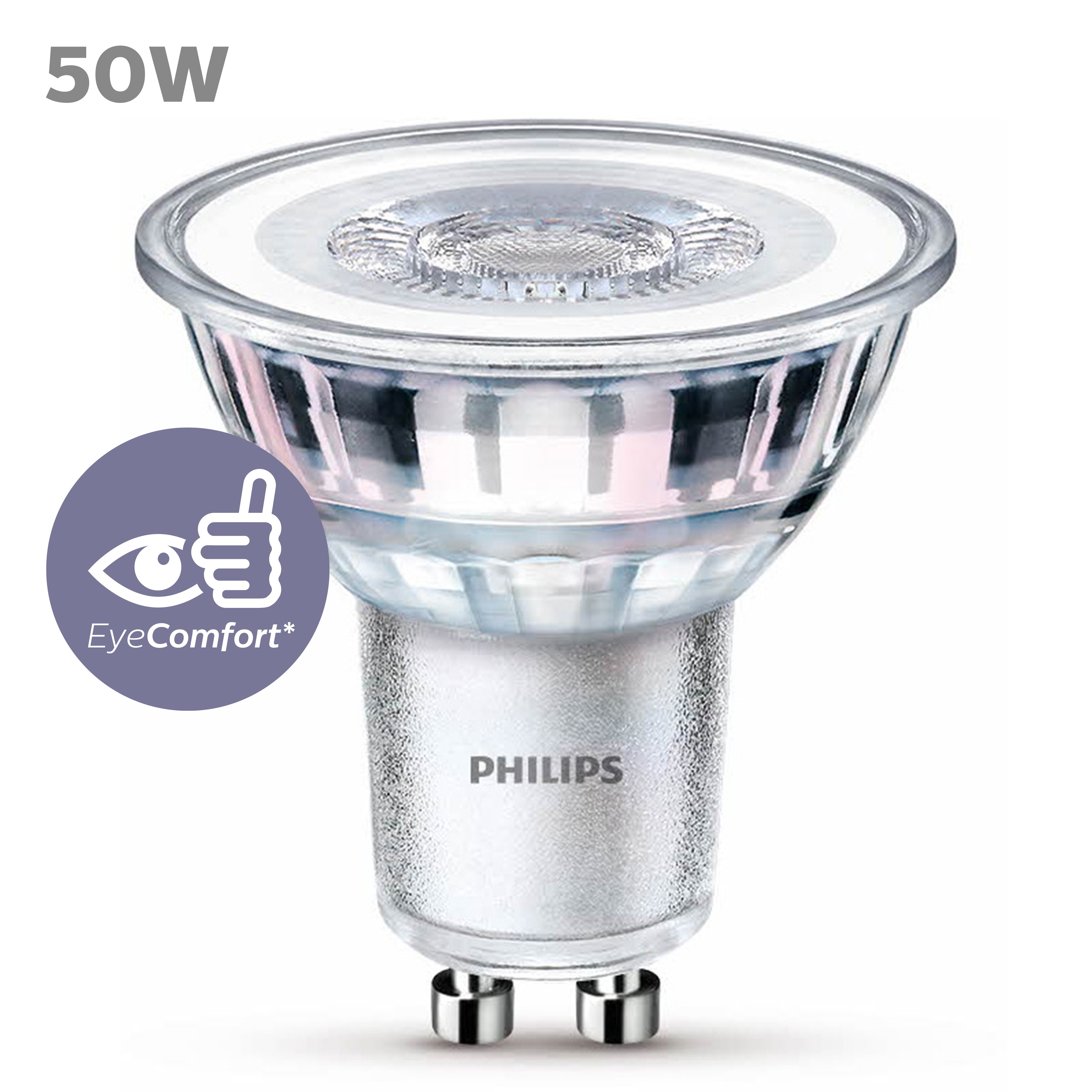 Een Philips LED-spot met 50W-label en EyeComfort-symbool op een witte achtergrond.
