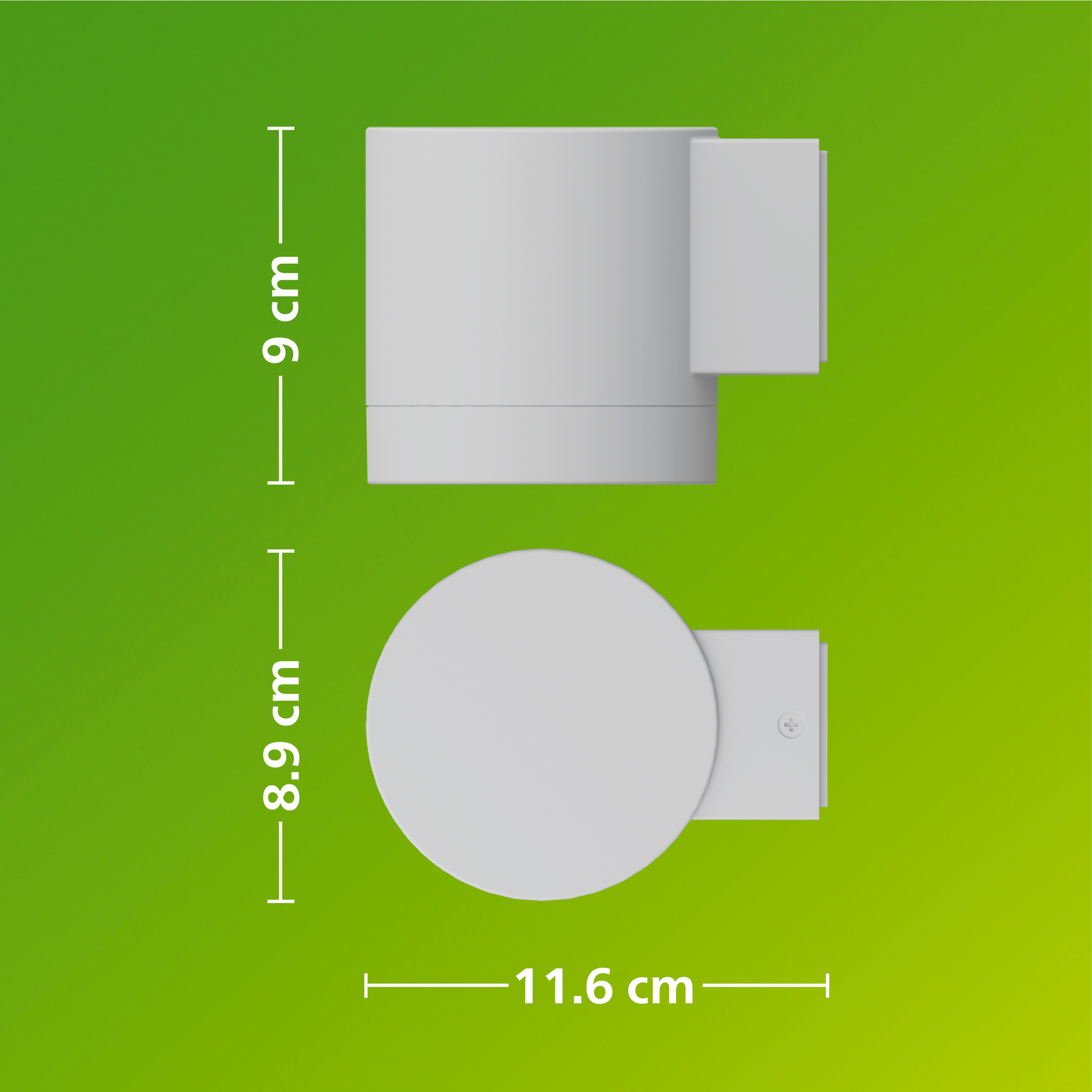 Technische tekening van een cilindrisch armatuur met afmetingen in cm op een groene achtergrond.