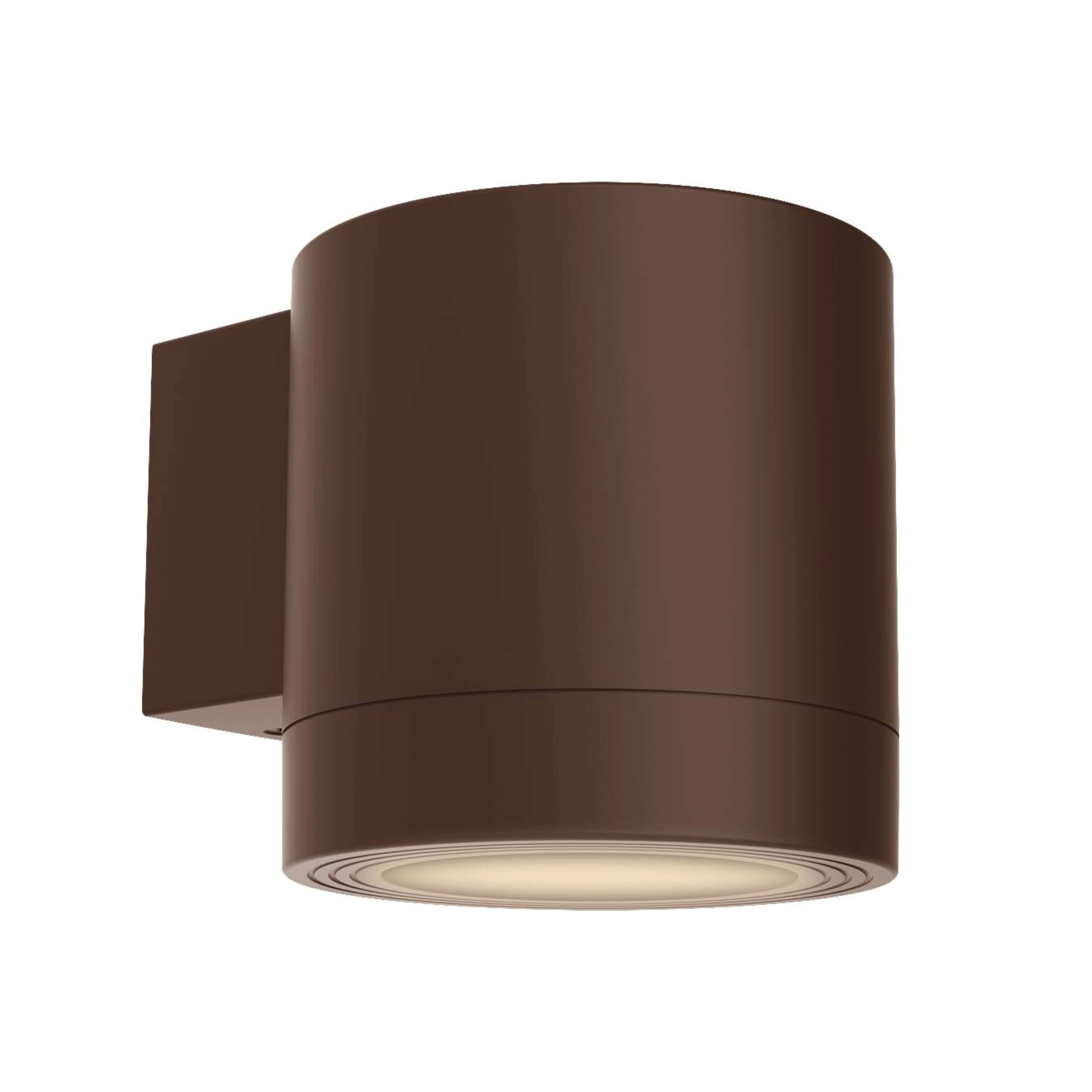 Bruine cilindrische wandlamp met neerwaartse verlichting tegen een witte achtergrond.