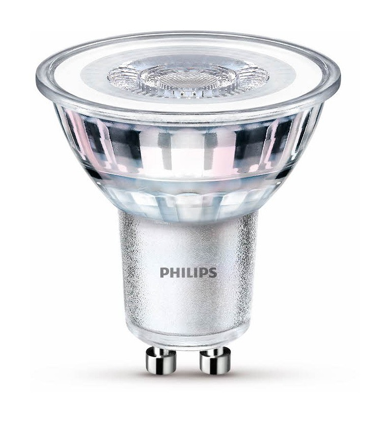 Een Philips LED-spotlamp met zilveren voet en twee pinnen, van voren bekeken tegen een witte achtergrond.