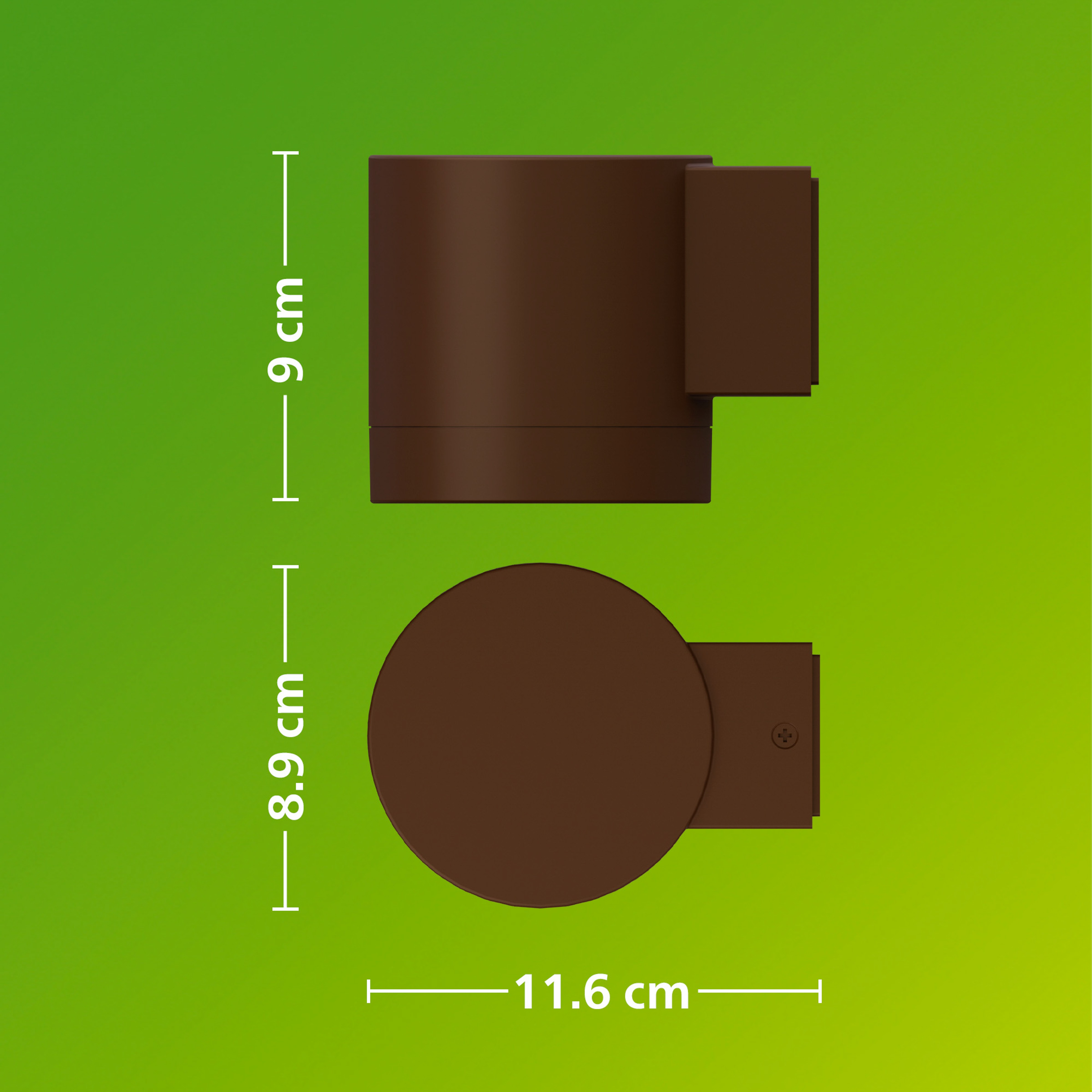 Bruine cilindrischearmatuur met montagebehuizing, zijaanzicht en bovenaanzicht met afmetingen van 9 cm, 8,9 cm en 11,6 cm.