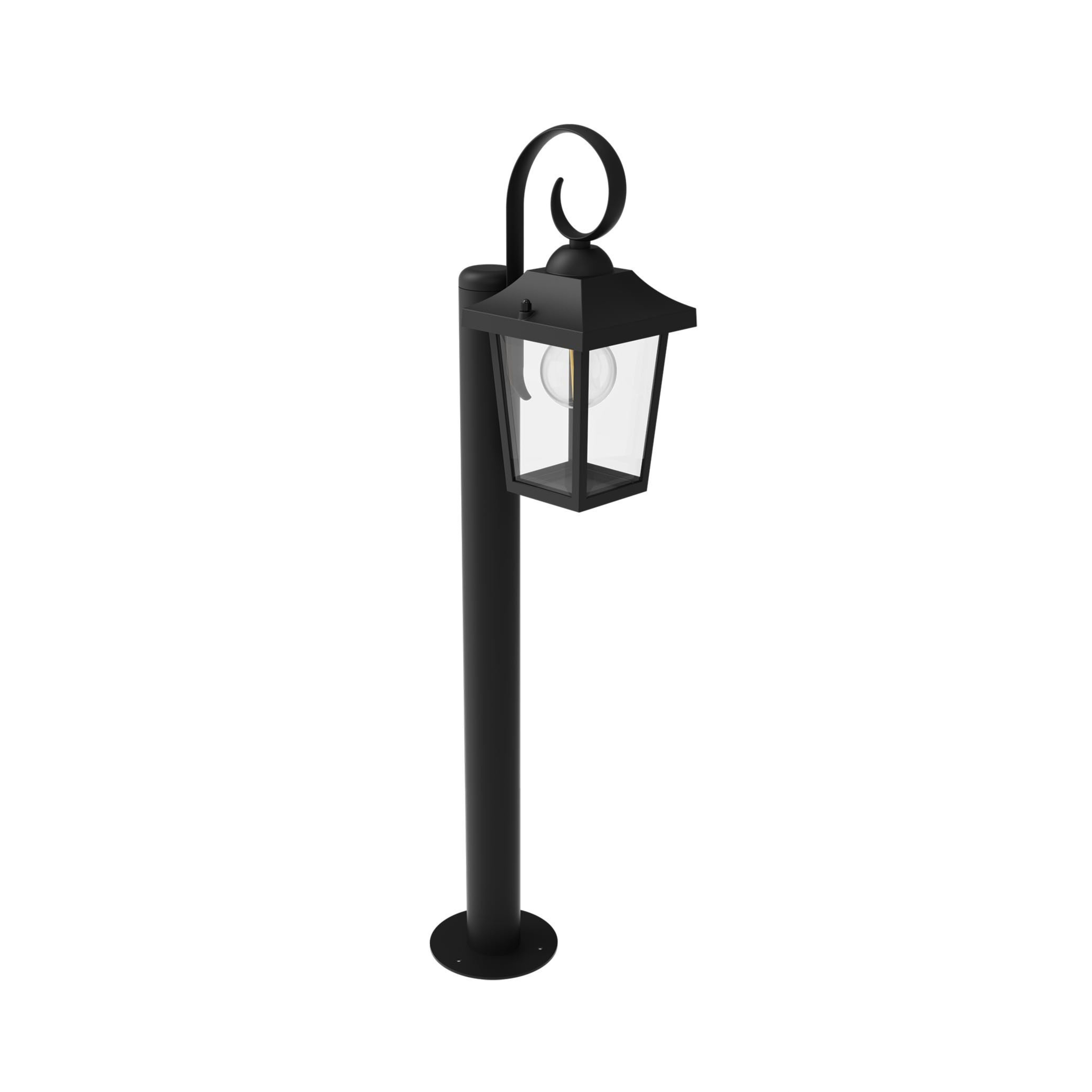 Un lampadaire d'extérieur en métal noir avec un design de lanterne classique et un accent courbé.