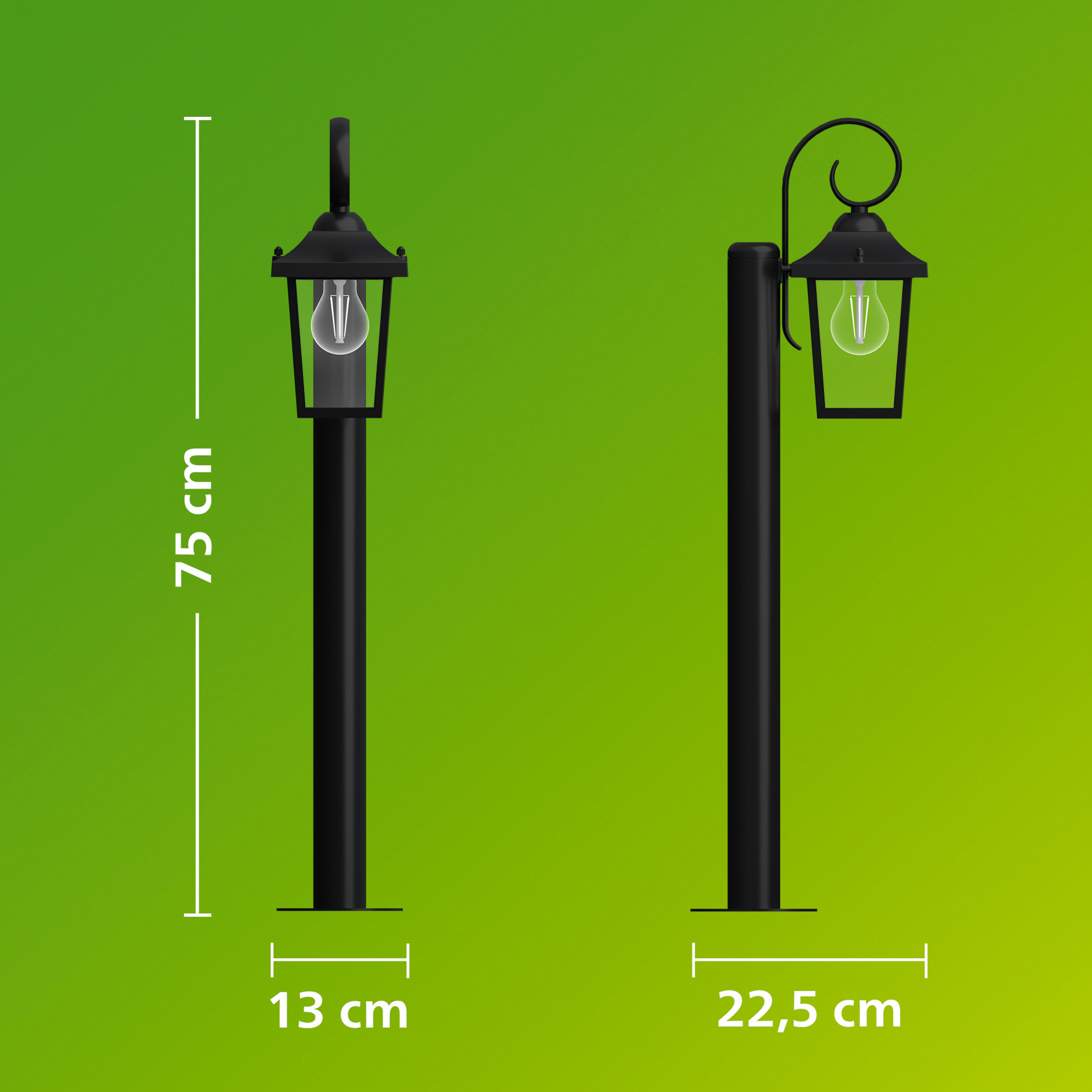 Deux lampadaires extérieurs noirs sur fond vert avec des dimensions de 75 cm de haut, 13 cm de large et 22,5 cm de profondeur.