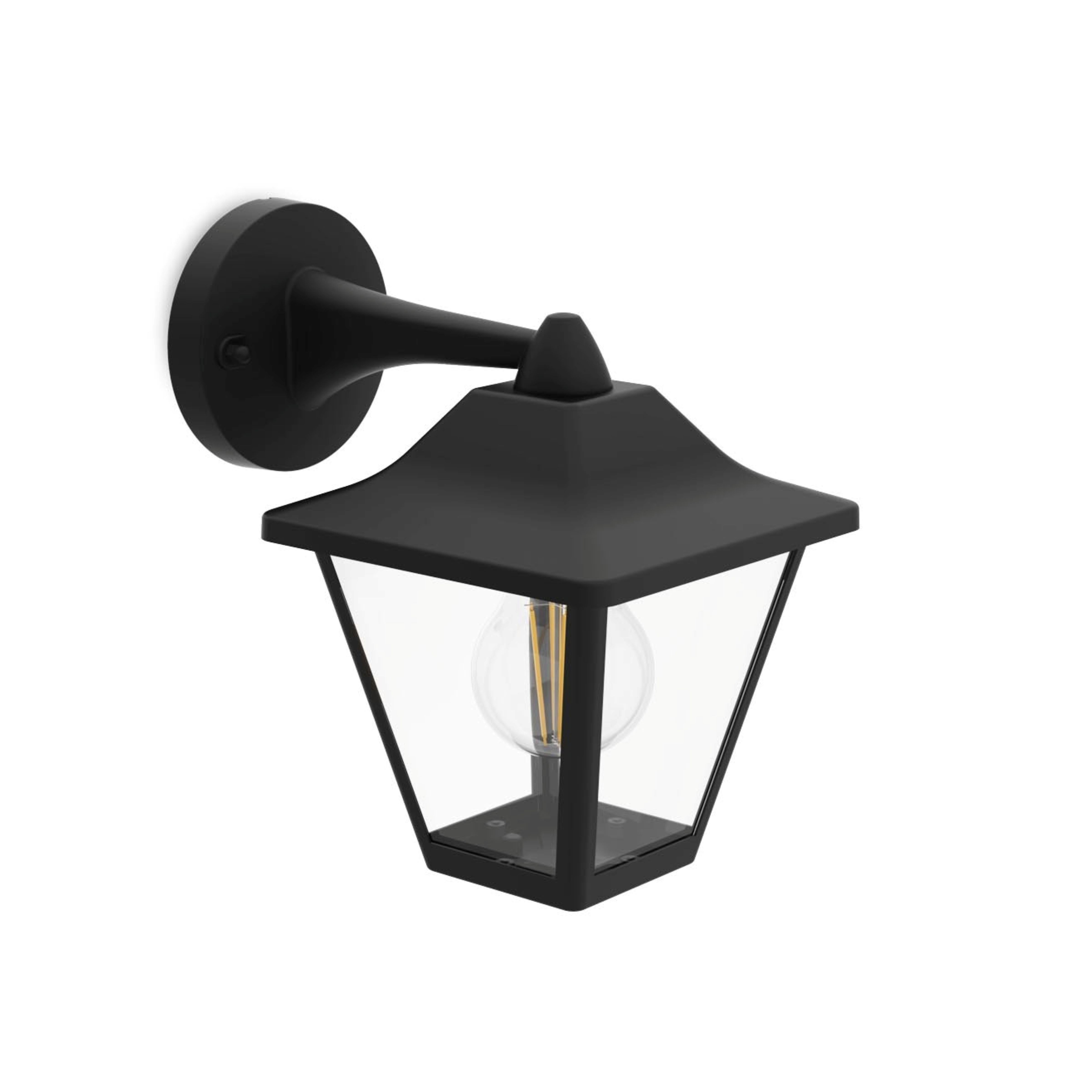 Een zwarte wandlamp met helder glas en een gloeilamp tegen een witte achtergrond.