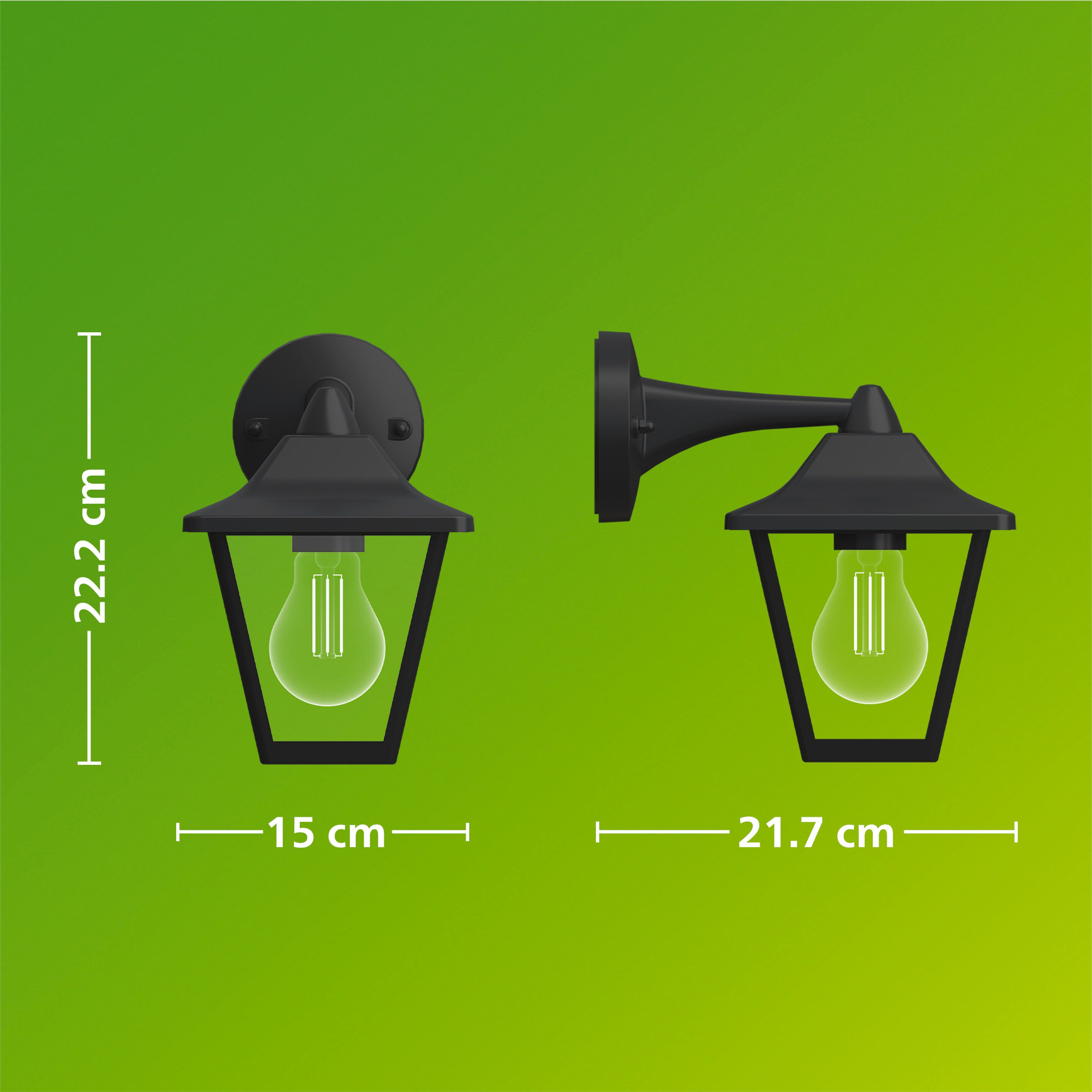 Technische tekening van een zwarte buitenwandlamp met afmetingen op een groene achtergrond.
