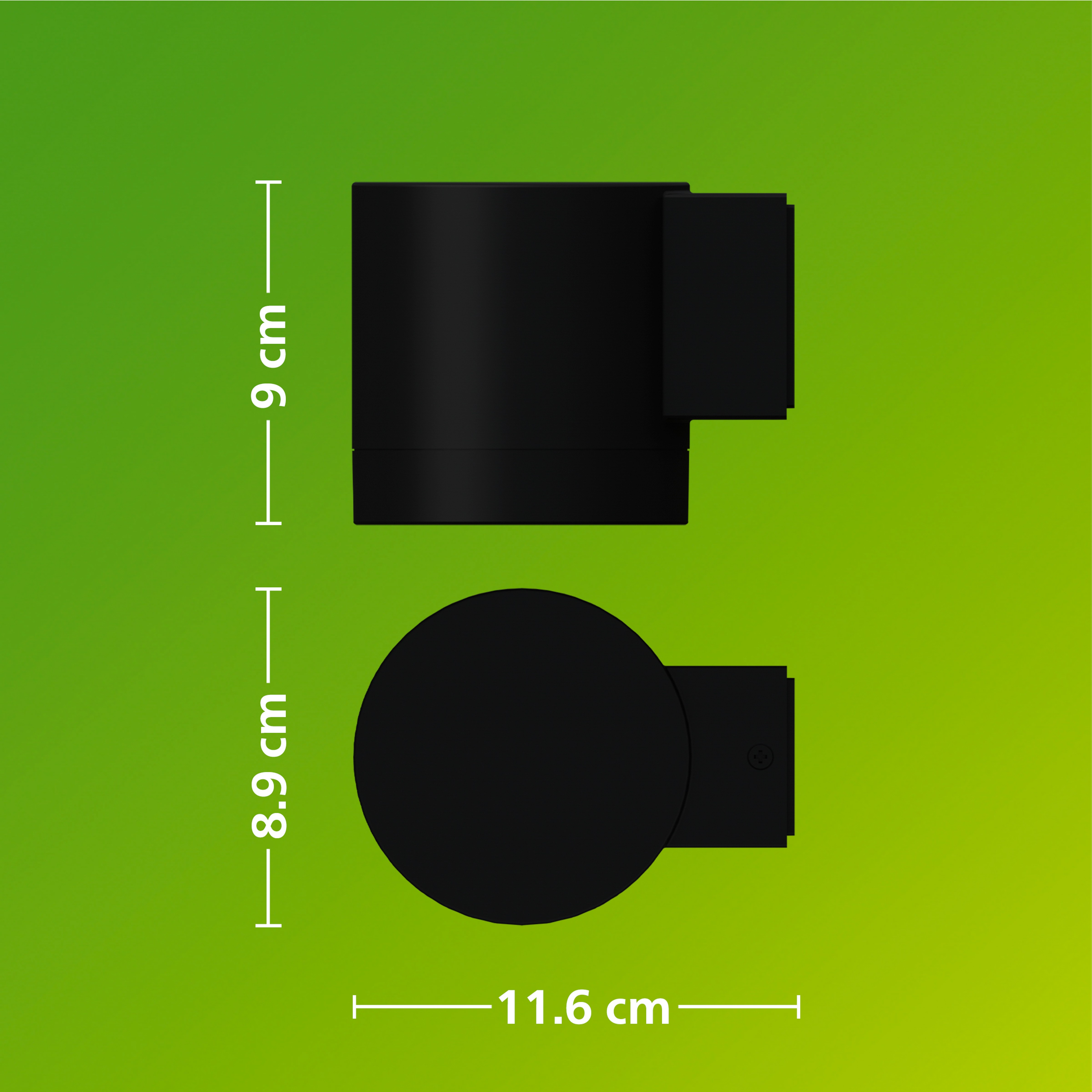 Technische tekening van een zwarte cilindrische lamp met afmetingen op een groene achtergrond.