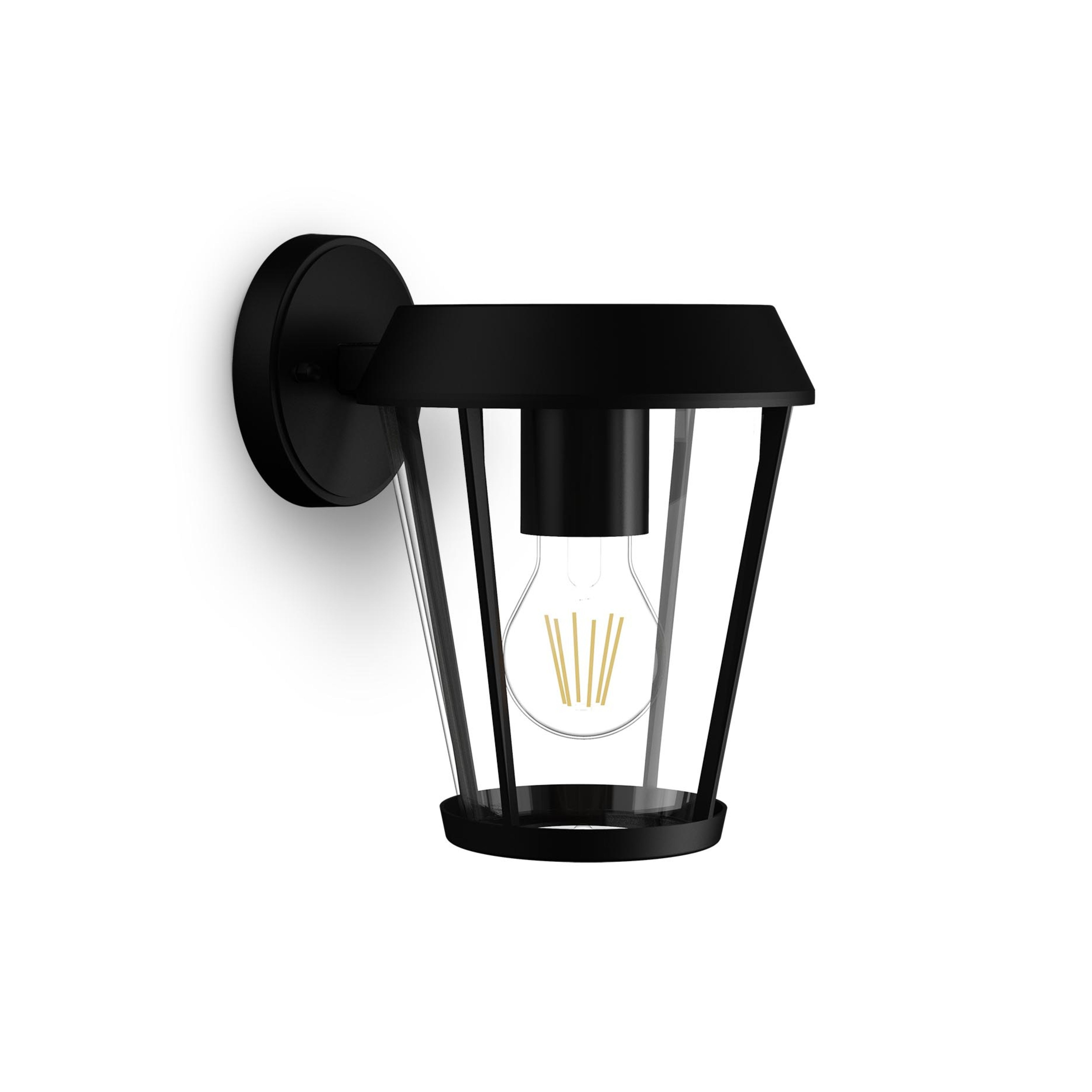 Een zwarte moderne wandlamp met transparante glazen kap en zichtbare gloeilamp tegen een witte achtergrond.