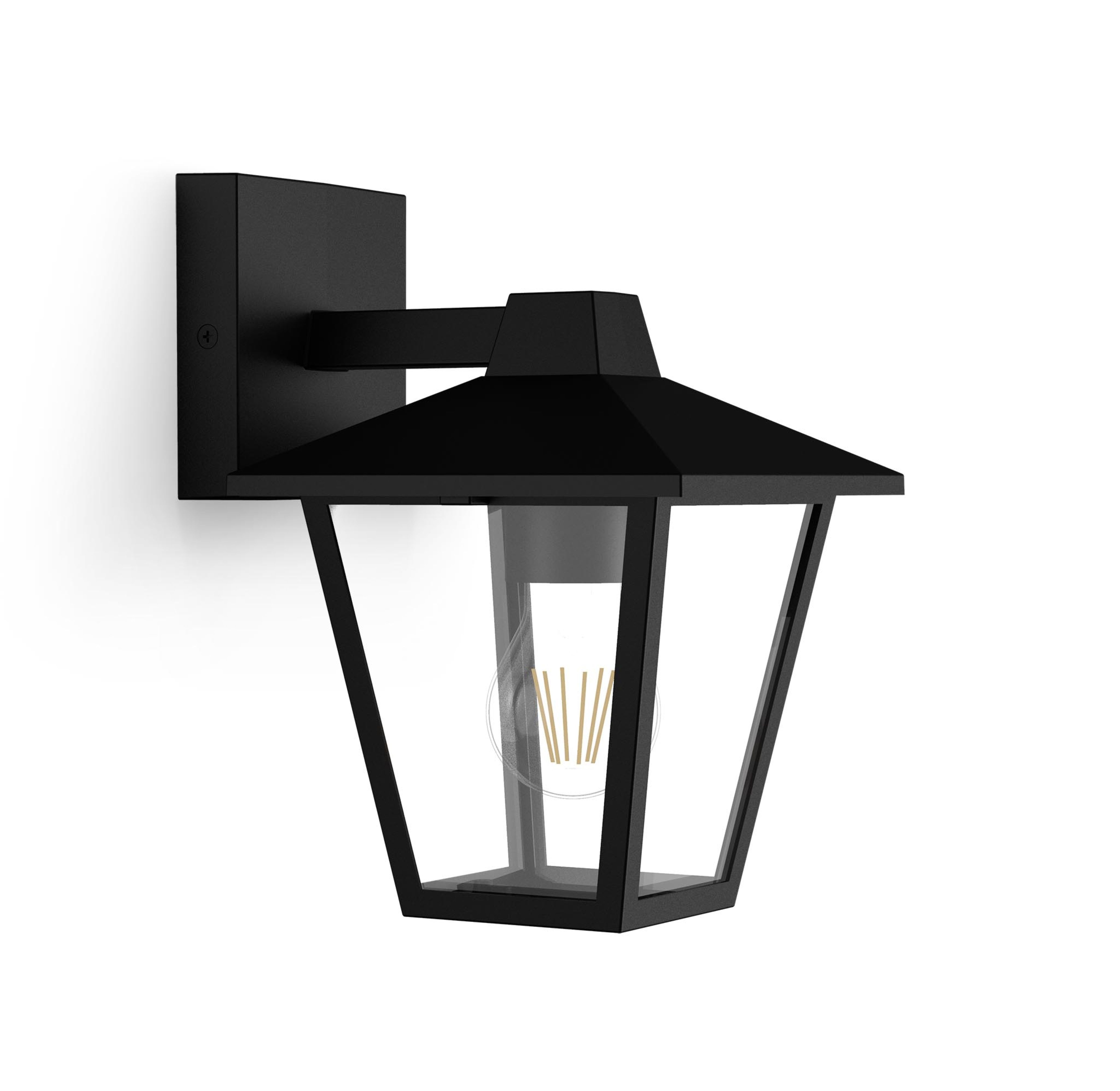 Een zwarte moderne wandlamp voor buiten met helder glas en een Edison-lamp, gemonteerd op een witte muur.