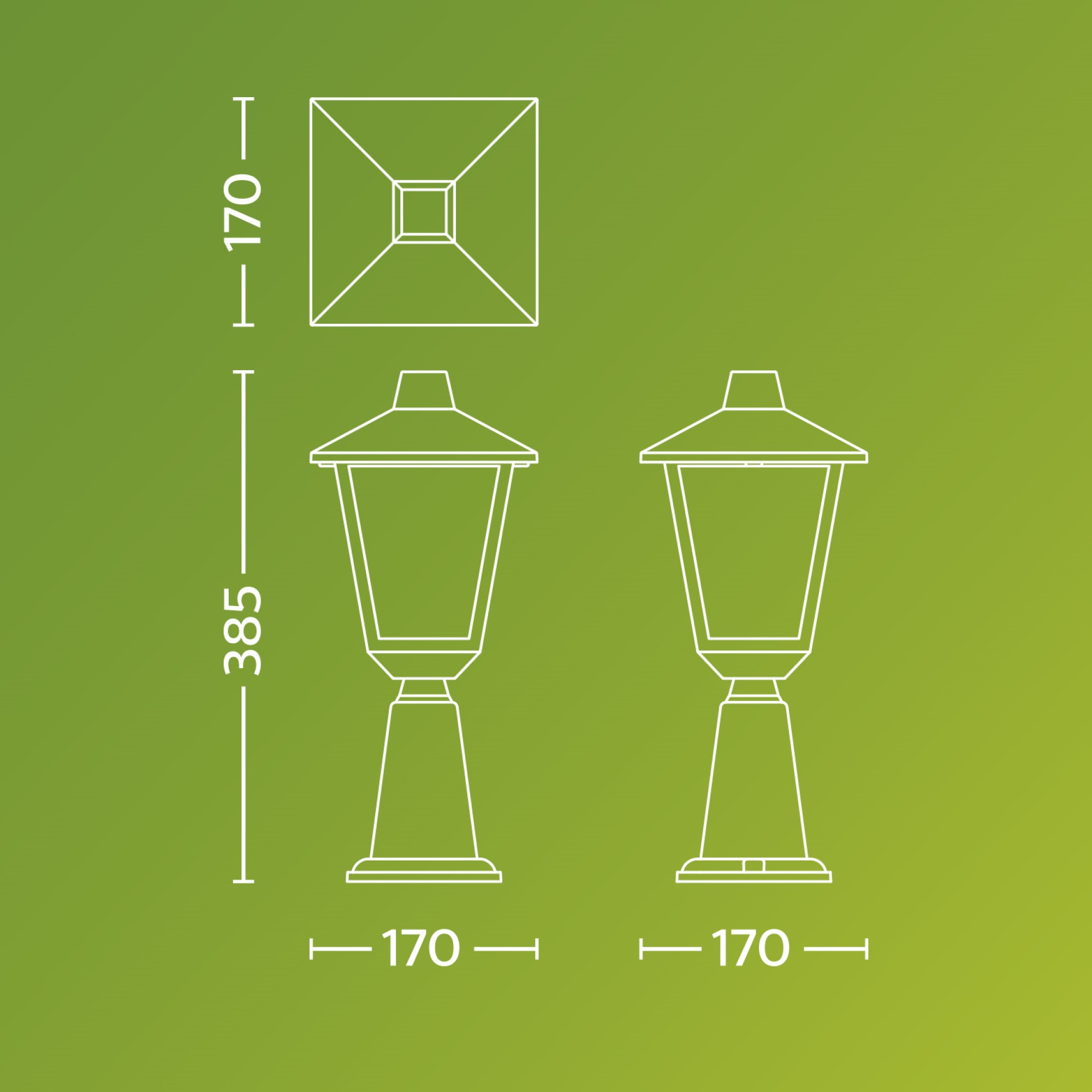 Technische tekening van een tuinlamp met afmetingen op groene achtergrond.