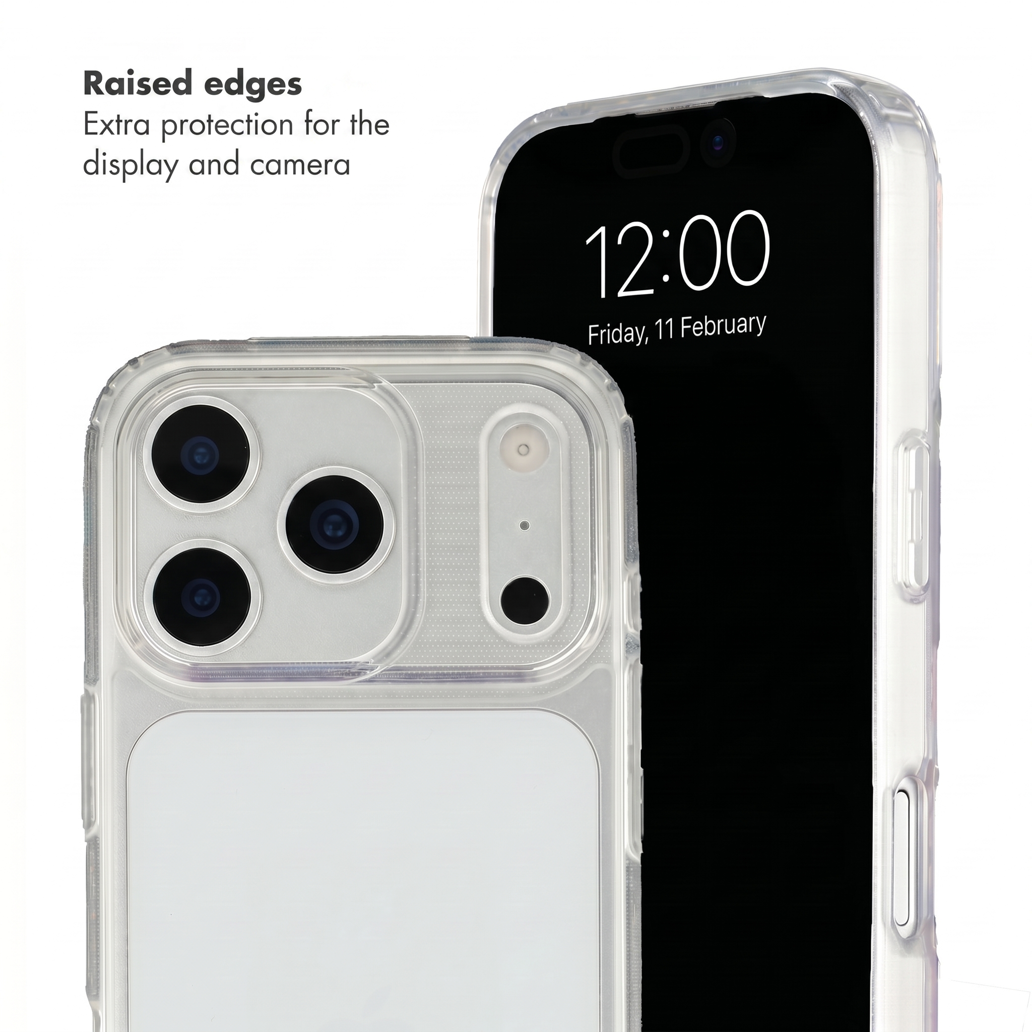Transparente Schutzhülle für Smartphones mit erhöhten Kanten für Display- und Kameraschutz.