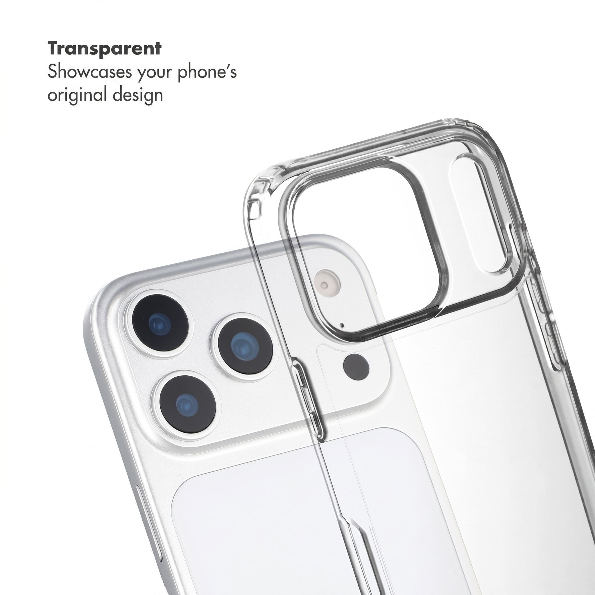 Transparente Schutzhülle auf einem Smartphone mit drei Kameras auf der Rückseite.