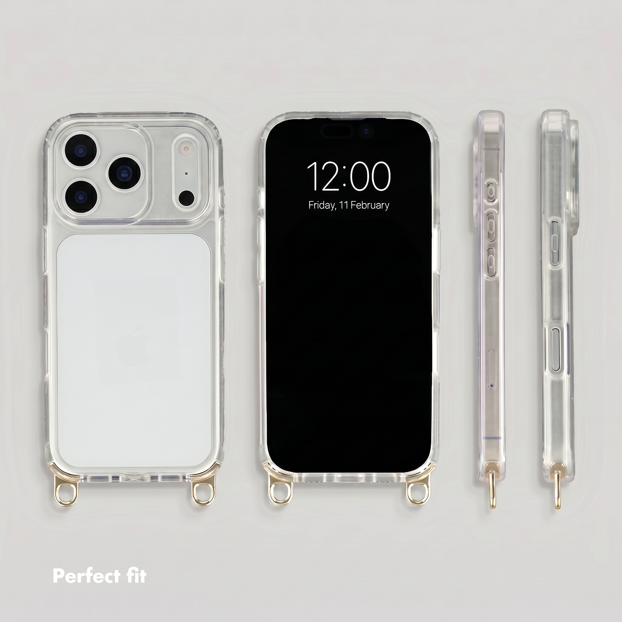 Vier Ansichten eines Smartphones in einer klaren Schutzhülle mit goldenen Schlaufen auf grauem Grund.