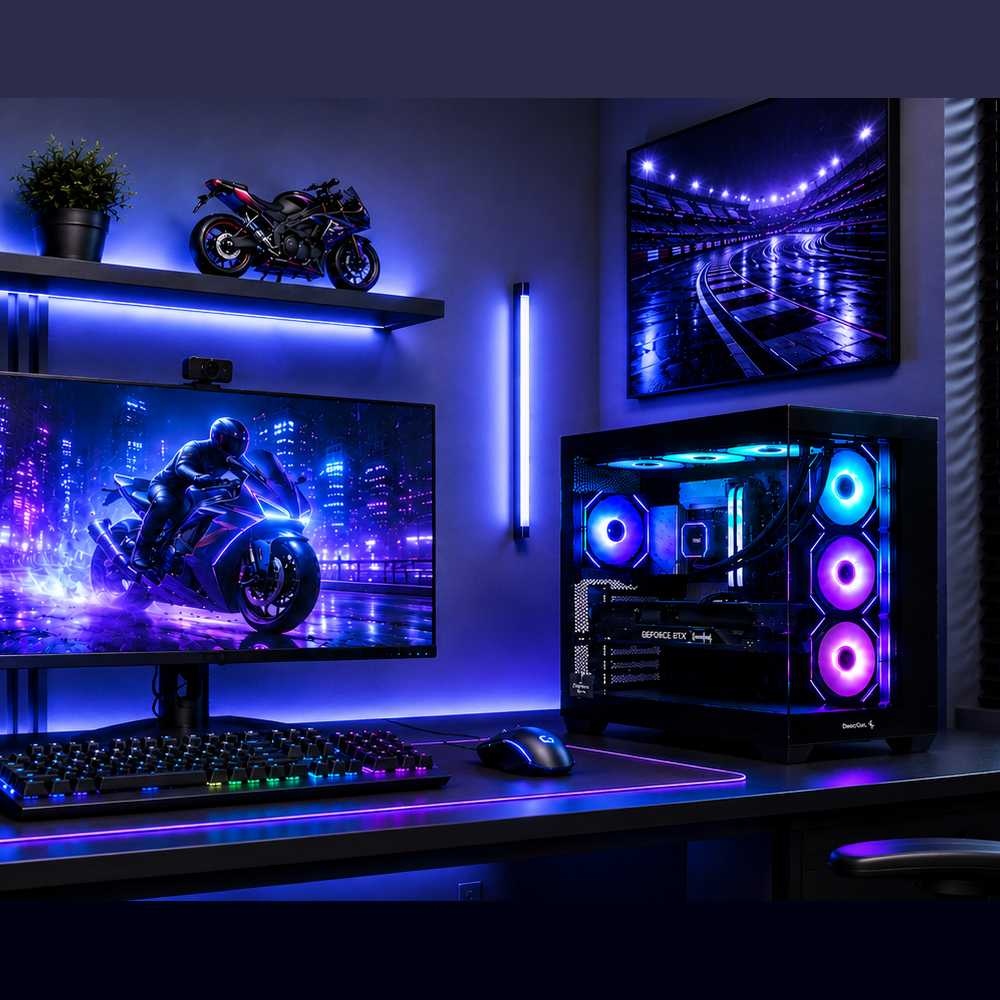 Ein Gaming-Setup mit PC, Monitor, Tastatur und Motorrad-Modellen in blauer Beleuchtung.
