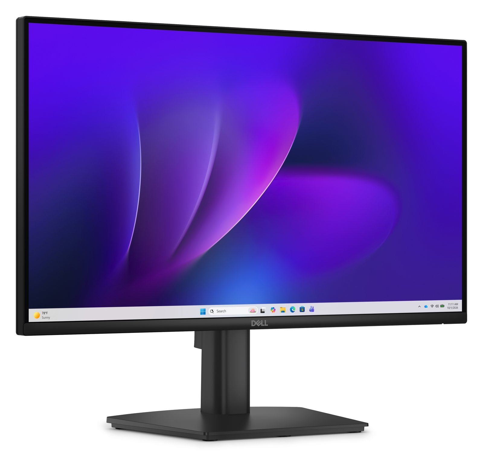 Un monitor per computer Dell nero mostra un vibrante sfondo astratto viola e blu su sfondo bianco.