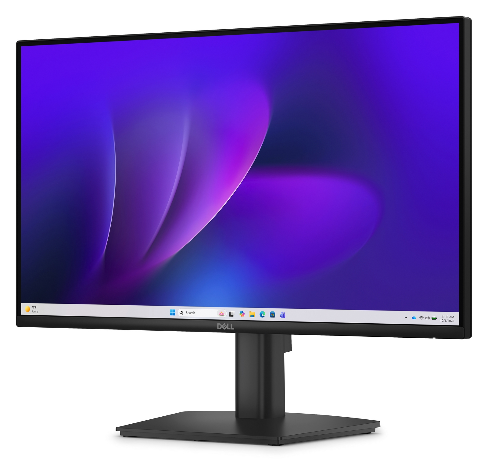 Un moderno monitor Dell nero con uno sfondo astratto viola e blu sullo schermo.