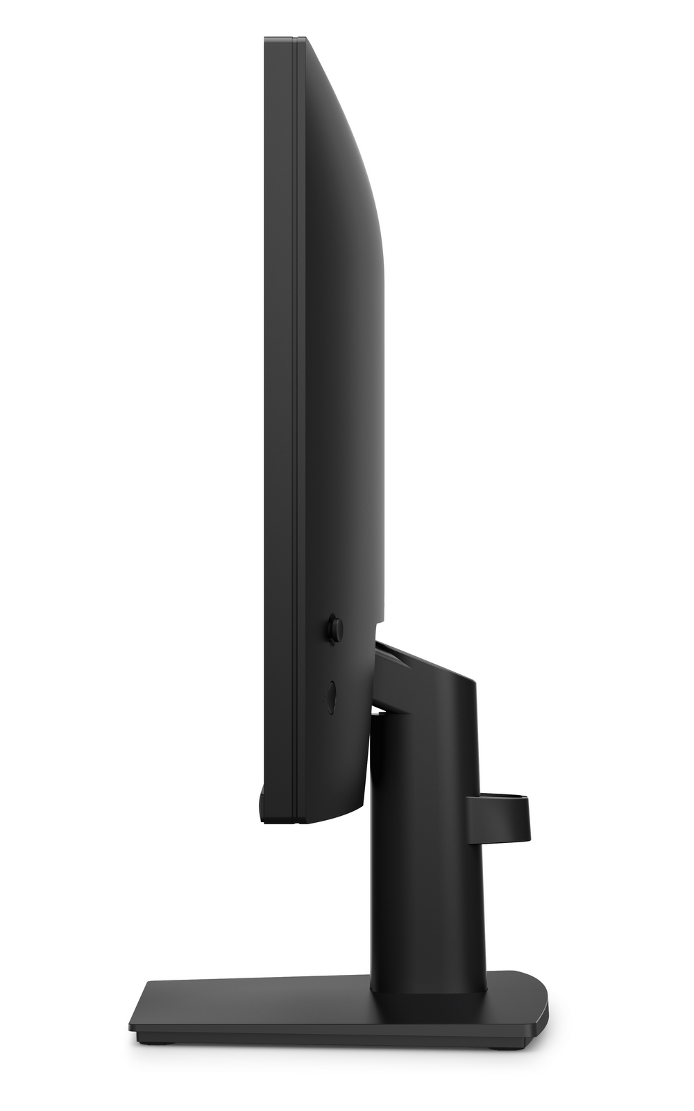 Vista laterale di un monitor per computer nero su supporto con sfondo bianco.