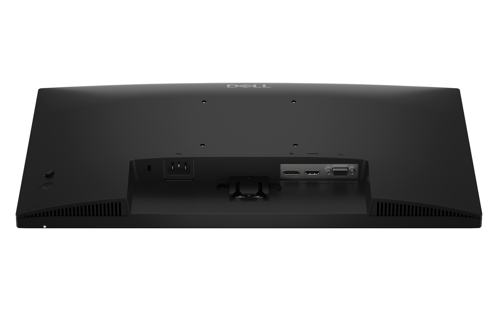 Il retro di un monitor Dell nero che mostra le porte di alimentazione e video.