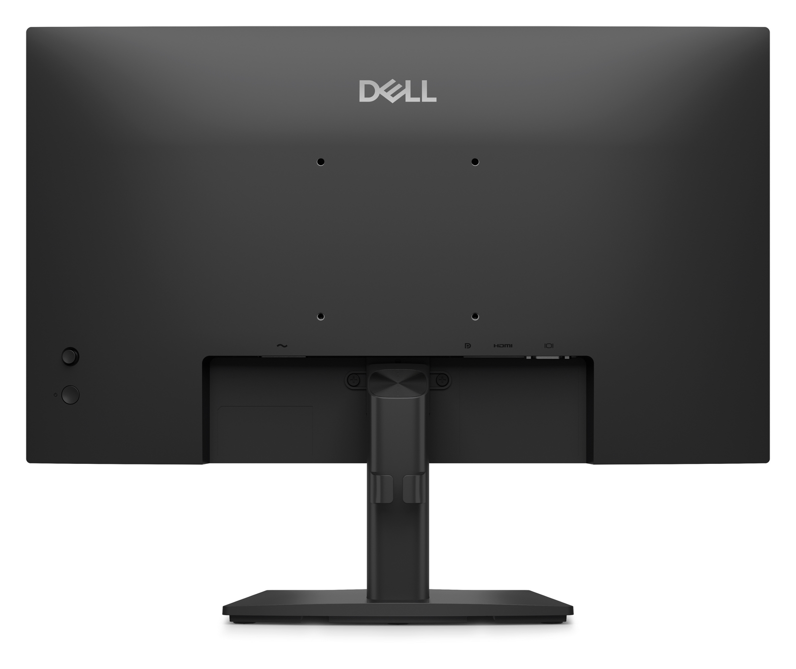 Vista posteriore di un monitor Dell nero che mostra supporto, fori VESA, porte e pulsante di accensione su sfondo bianco.