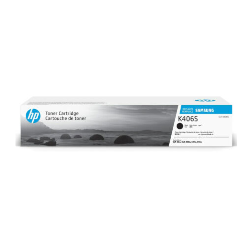 Cartuccia toner HP K406S in confezione bianca con immagine di paesaggio sul fronte.