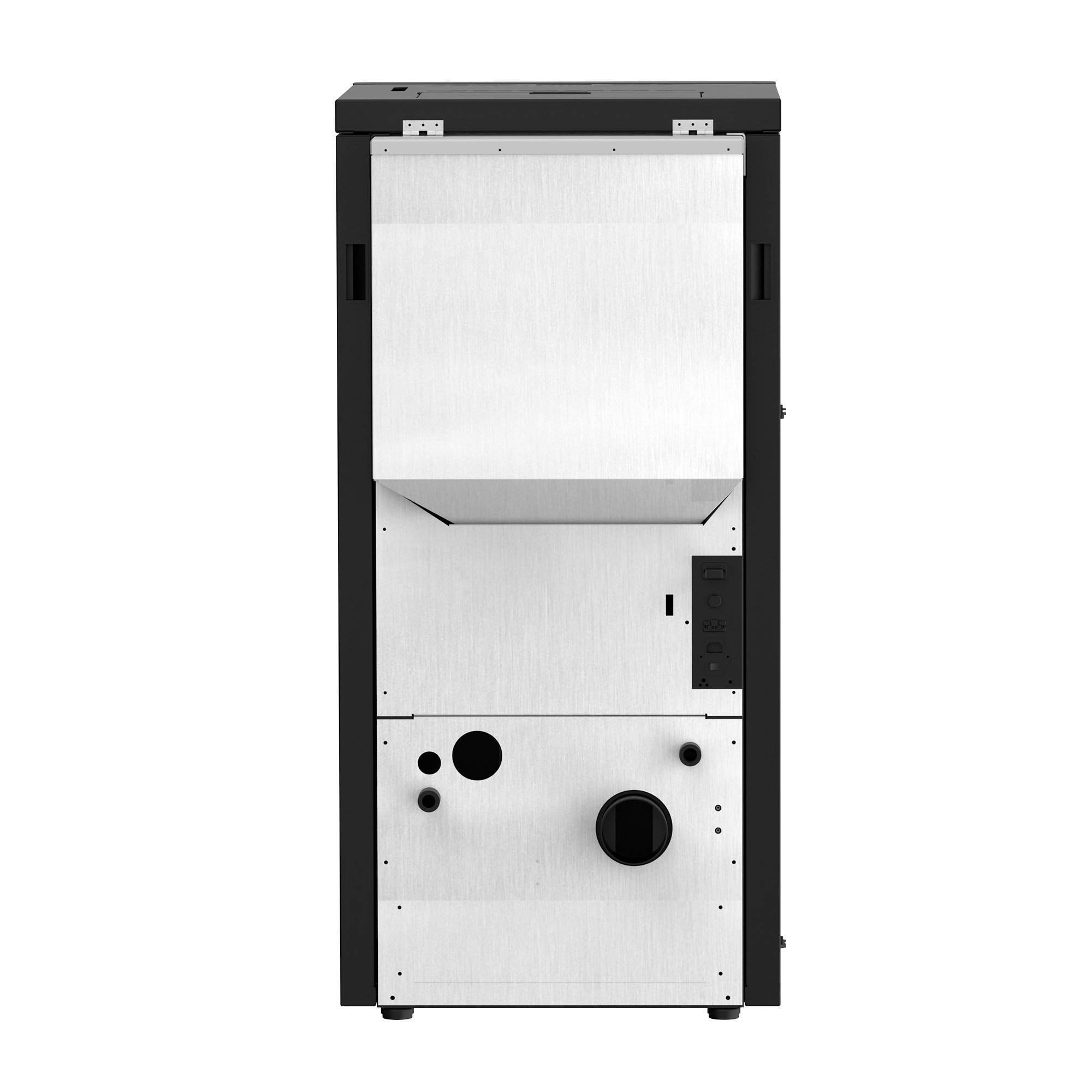 Vista frontal de un calentador negro moderno con panel frontal plateado y varias conexiones de tuberías.