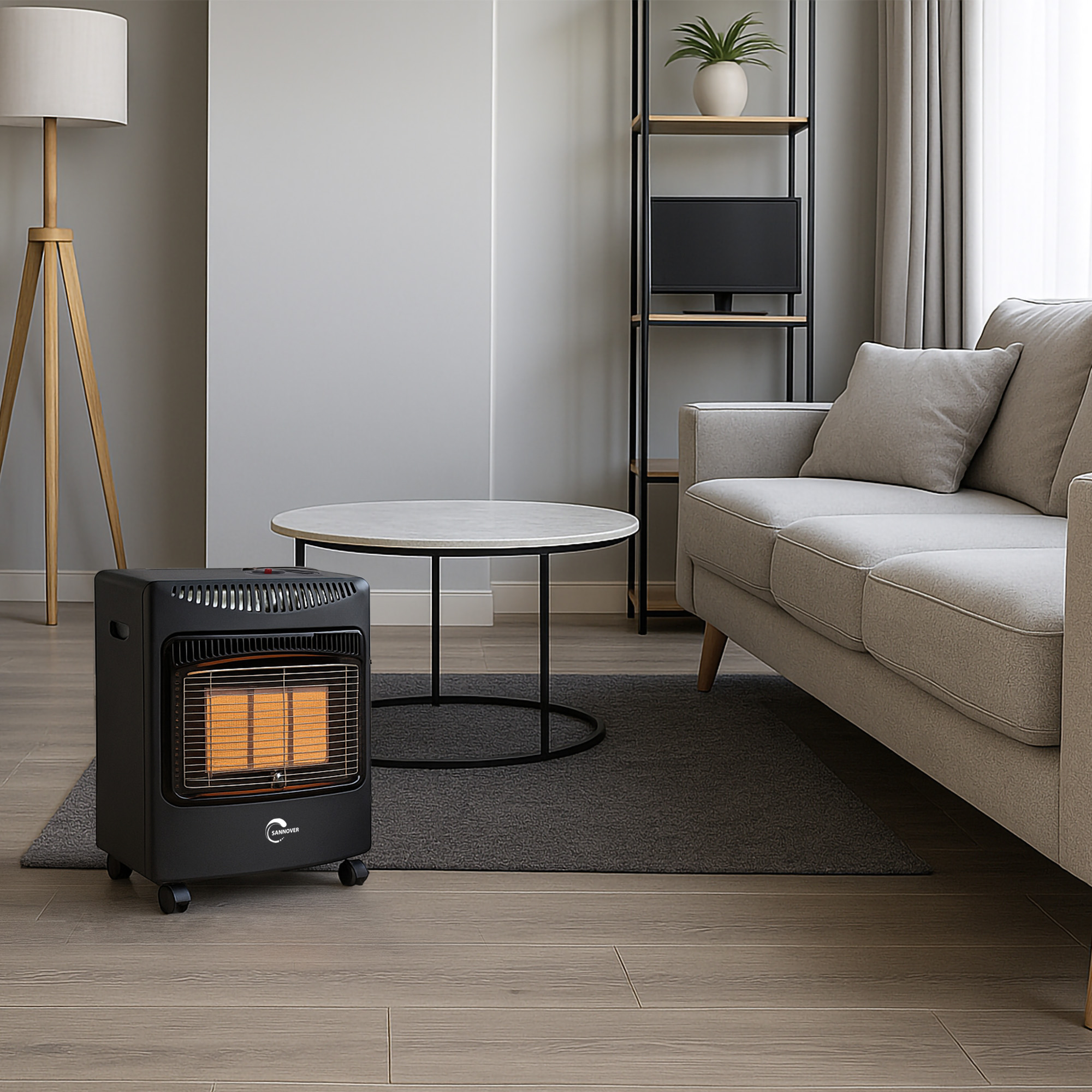 Un calefactor de gas negro está en una sala de estar moderna con un sofá y mesa.