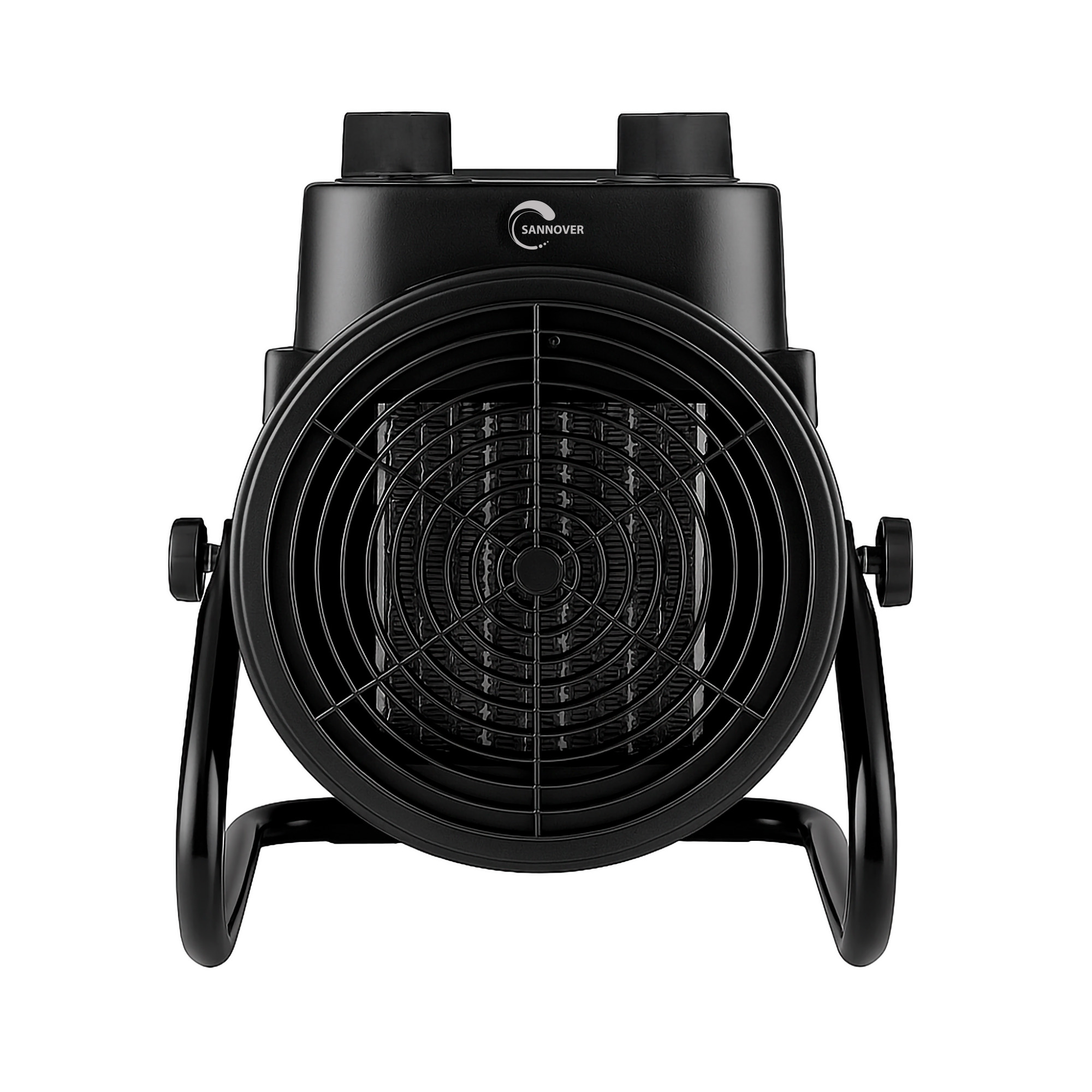 Termoventilatore industriale nero con griglia protettiva e supporto su sfondo bianco.