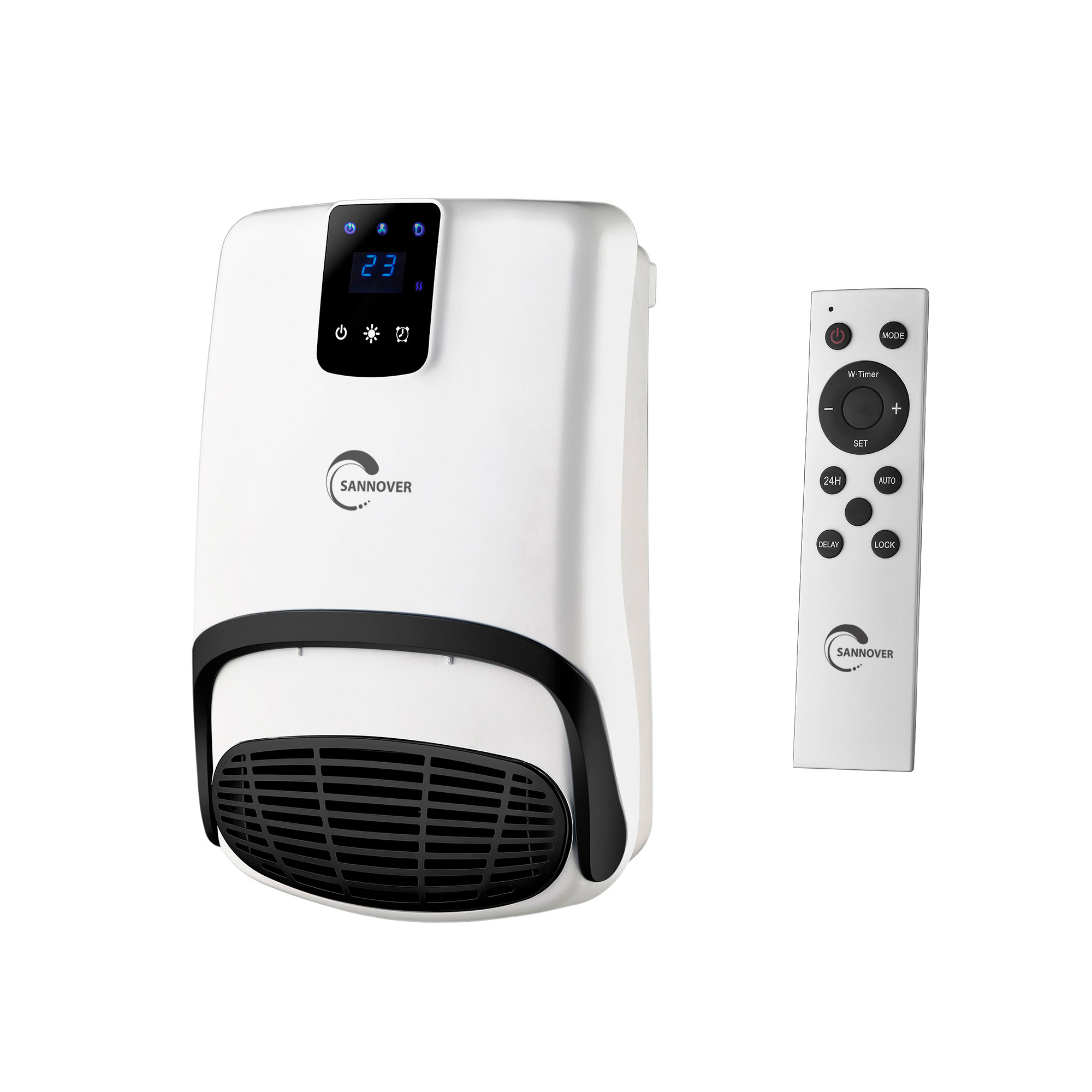 Un calefactor blanco Sannover con pantalla digital y rejilla negra, acompañado de su control remoto.