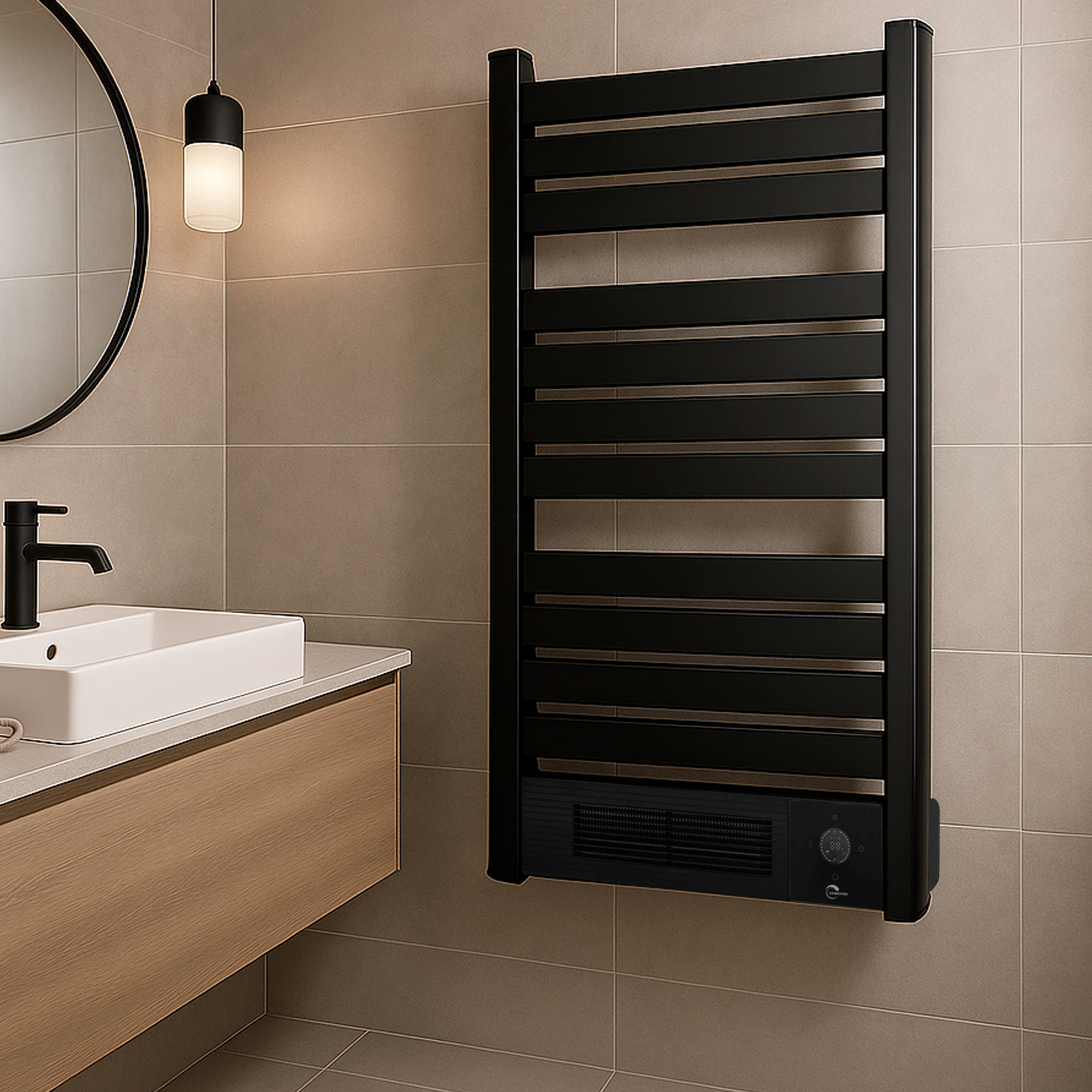 Un radiador toallero negro en una pared alicatada en un baño moderno con lavabo y espejo.