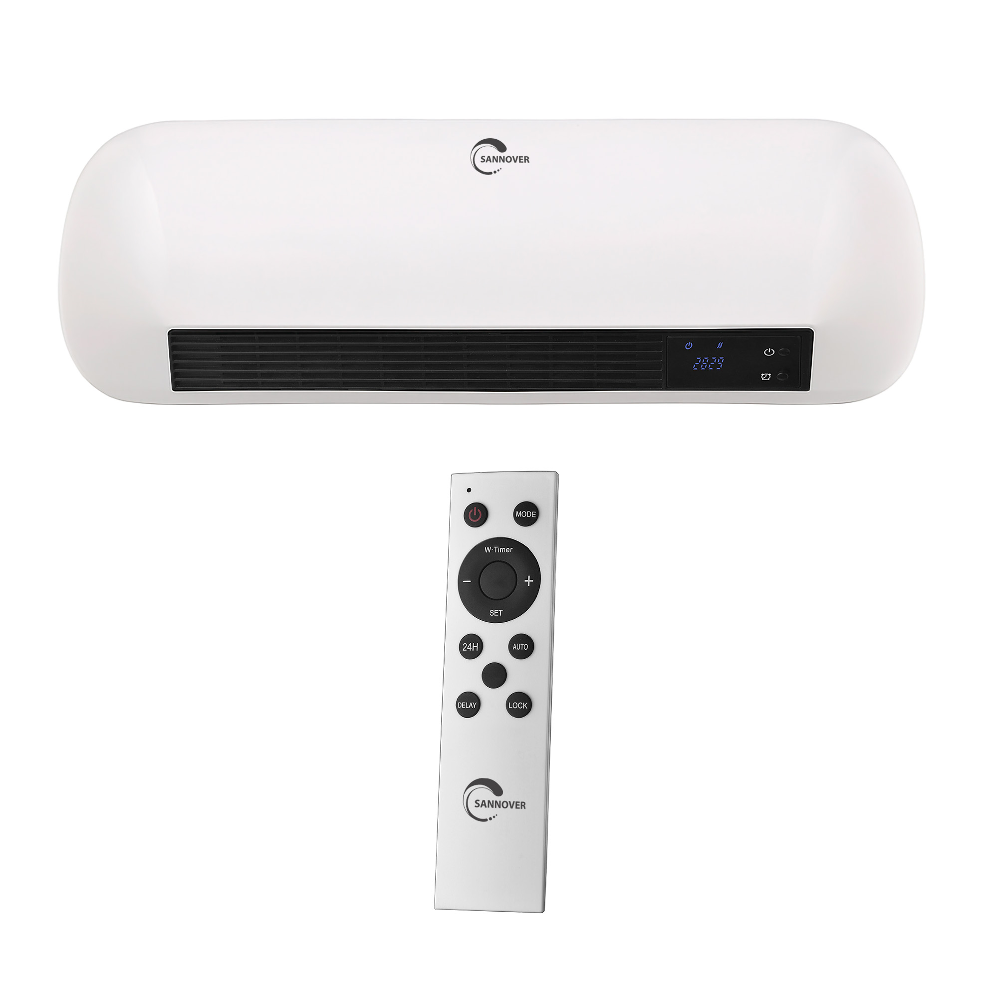 Un termoventilatore da parete bianco con griglia nera e display digitale, accompagnato da un telecomando.