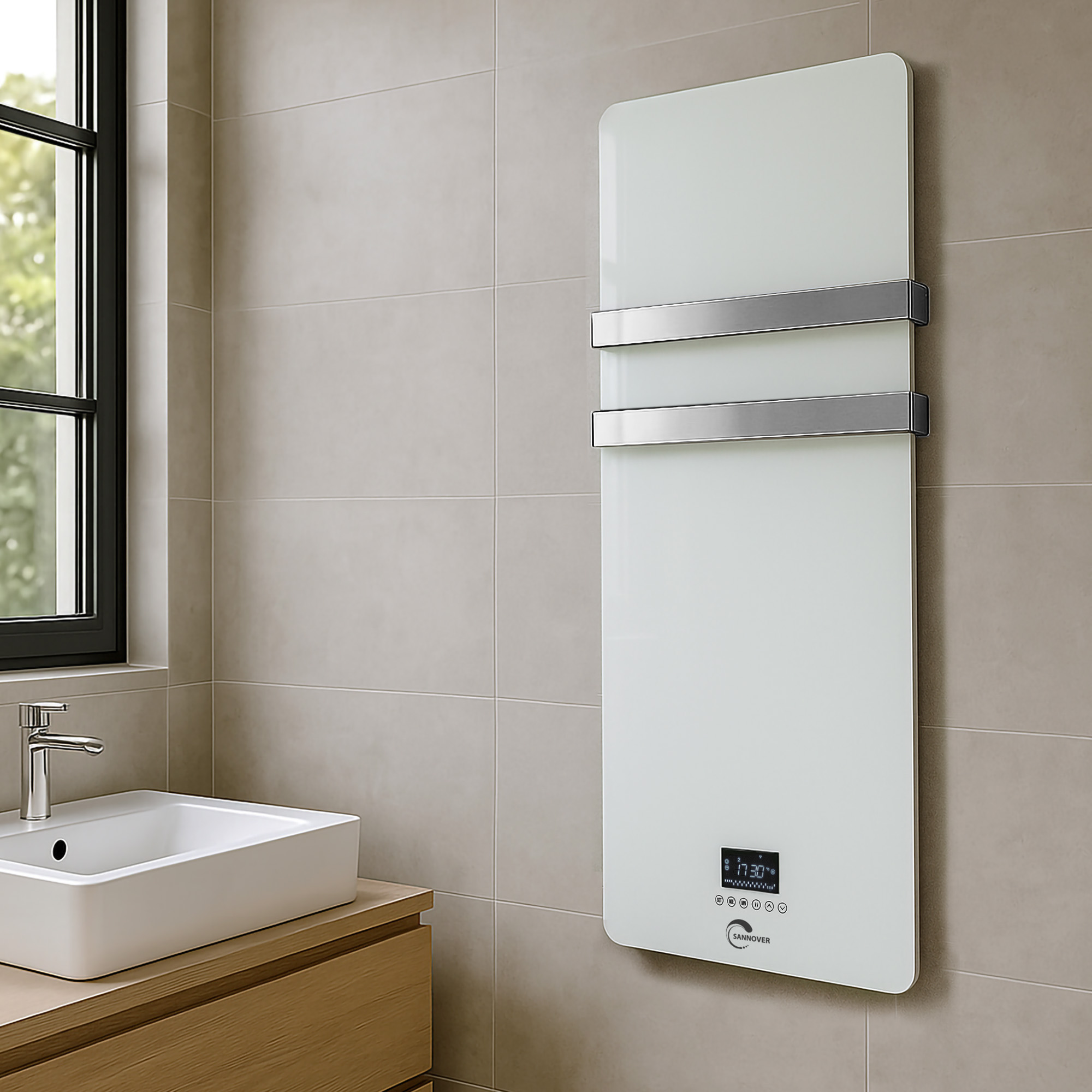 Un radiador de panel de vidrio blanco con dos toalleros cromados cuelga en una pared de baño alicatada junto a un lavabo.