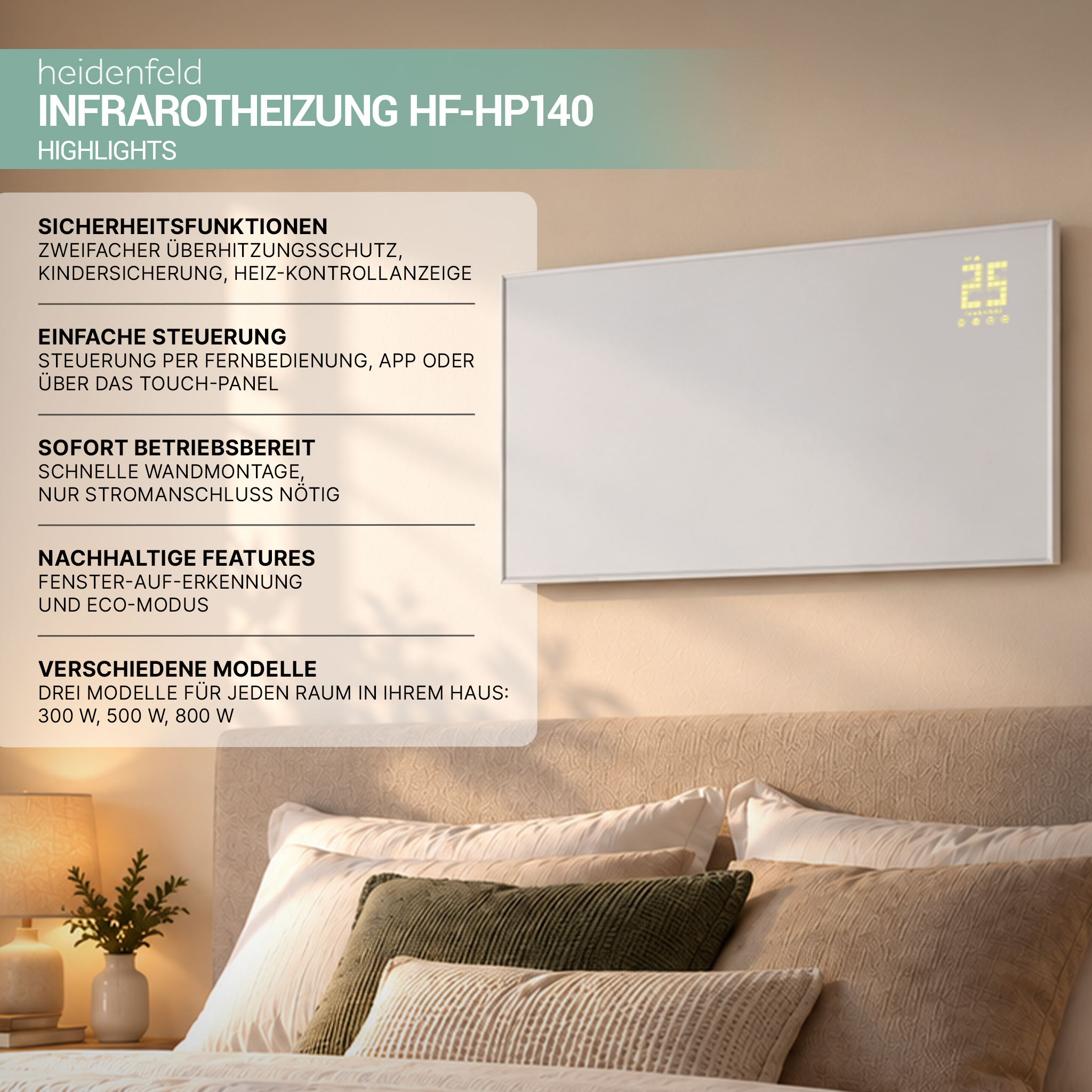 Weisse Infrarotheizung an Wand über Bett, mit Texttafel zu Produktfeatures links.