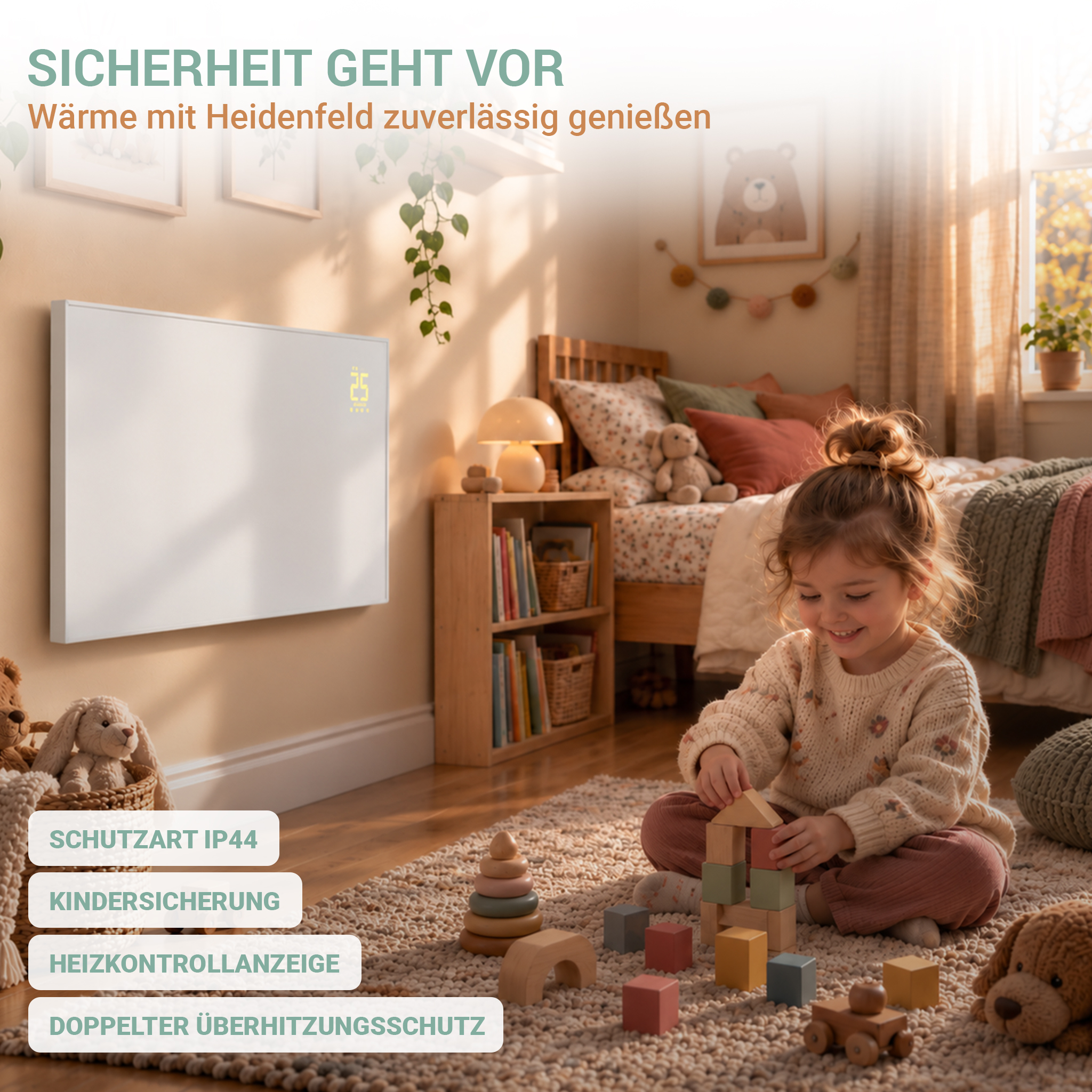 Ein kleines Mädchen spielt auf einem Teppich in einem Kinderzimmer mit Holzklötzen neben einer Wandheizung.