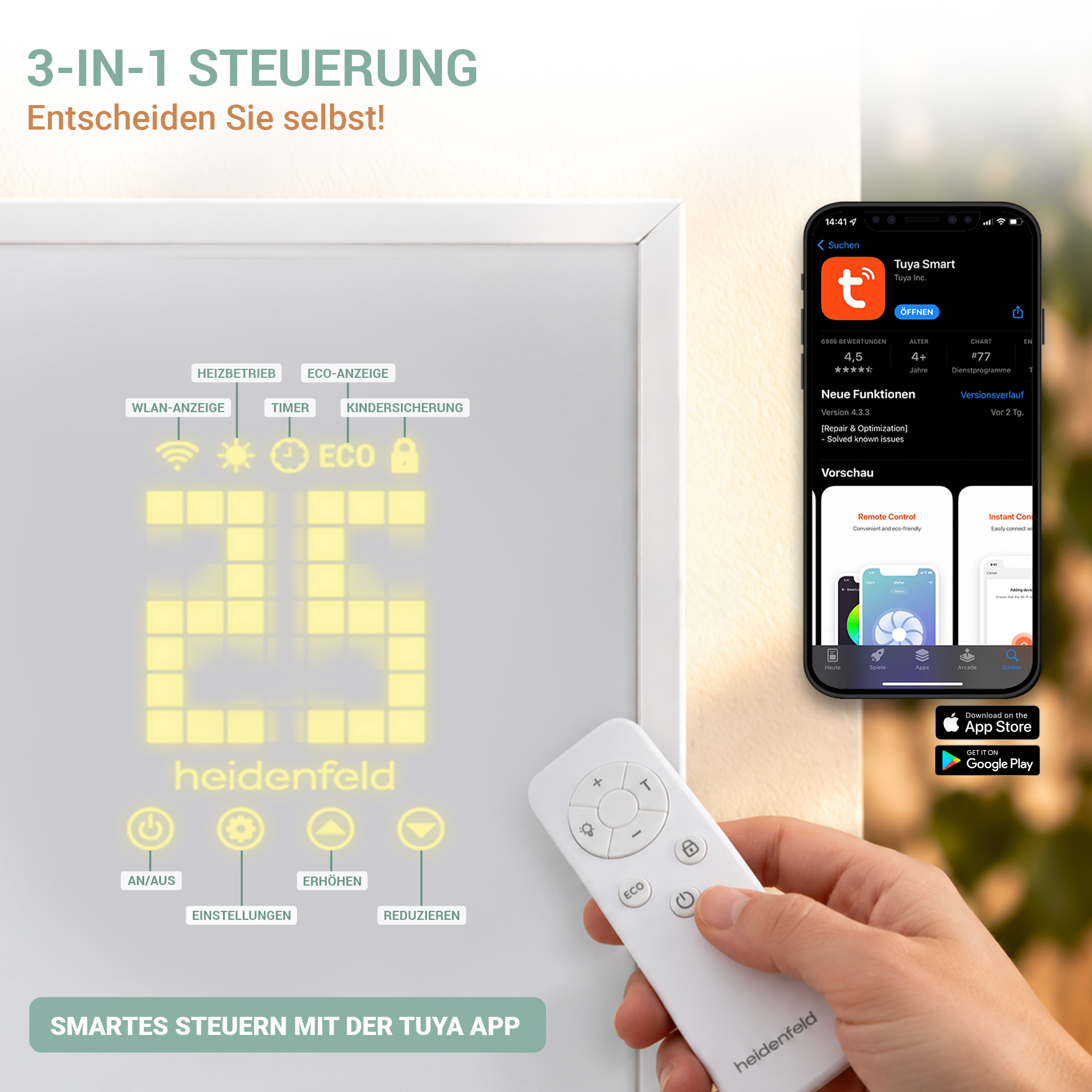 Heidenfeld Heizung mit LED-Display, Fernbedienung und Smartphone-App zur Steuerung.