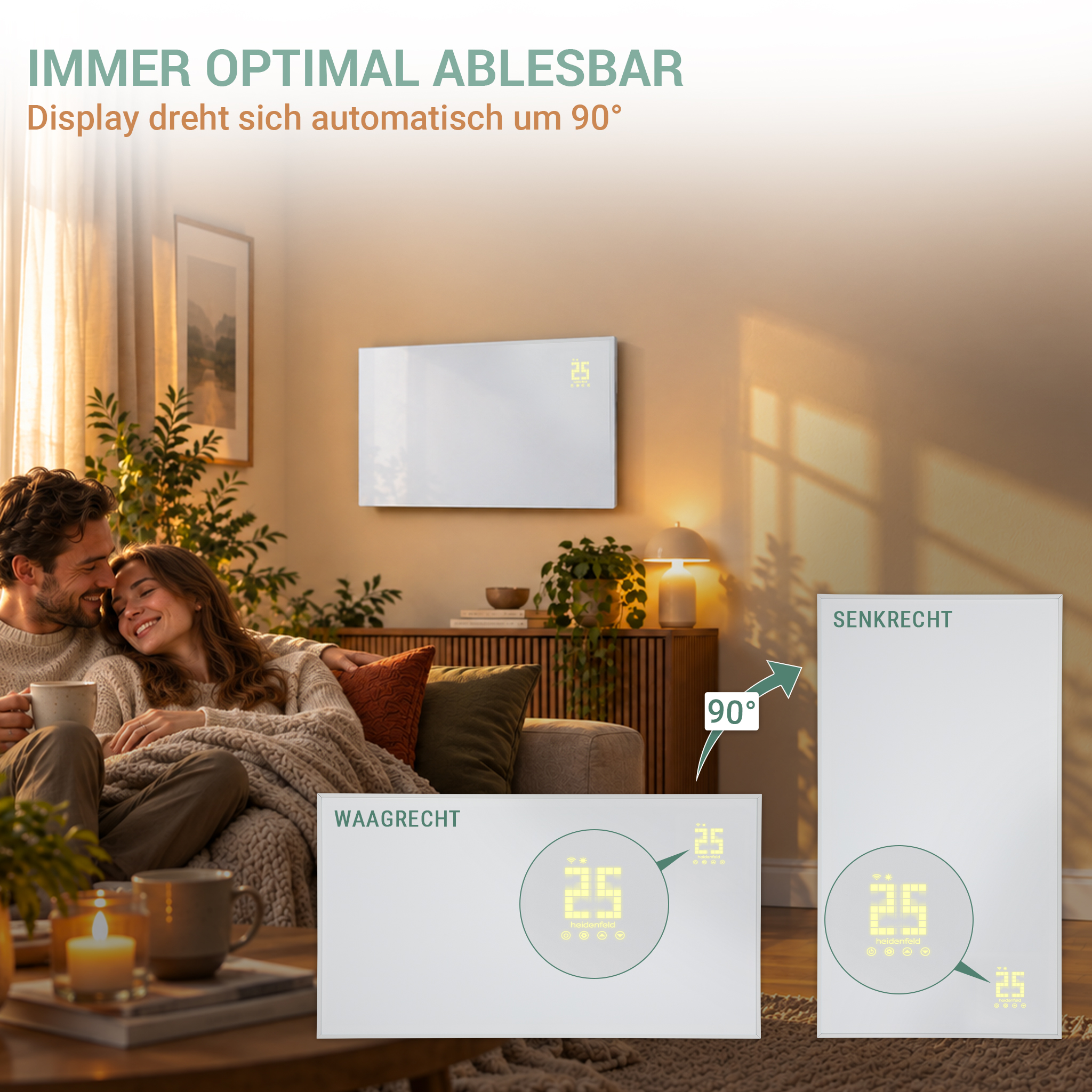 Wohnzimmer mit Paar auf Sofa und Wandheizung, deren Display sich um 90 Grad dreht.