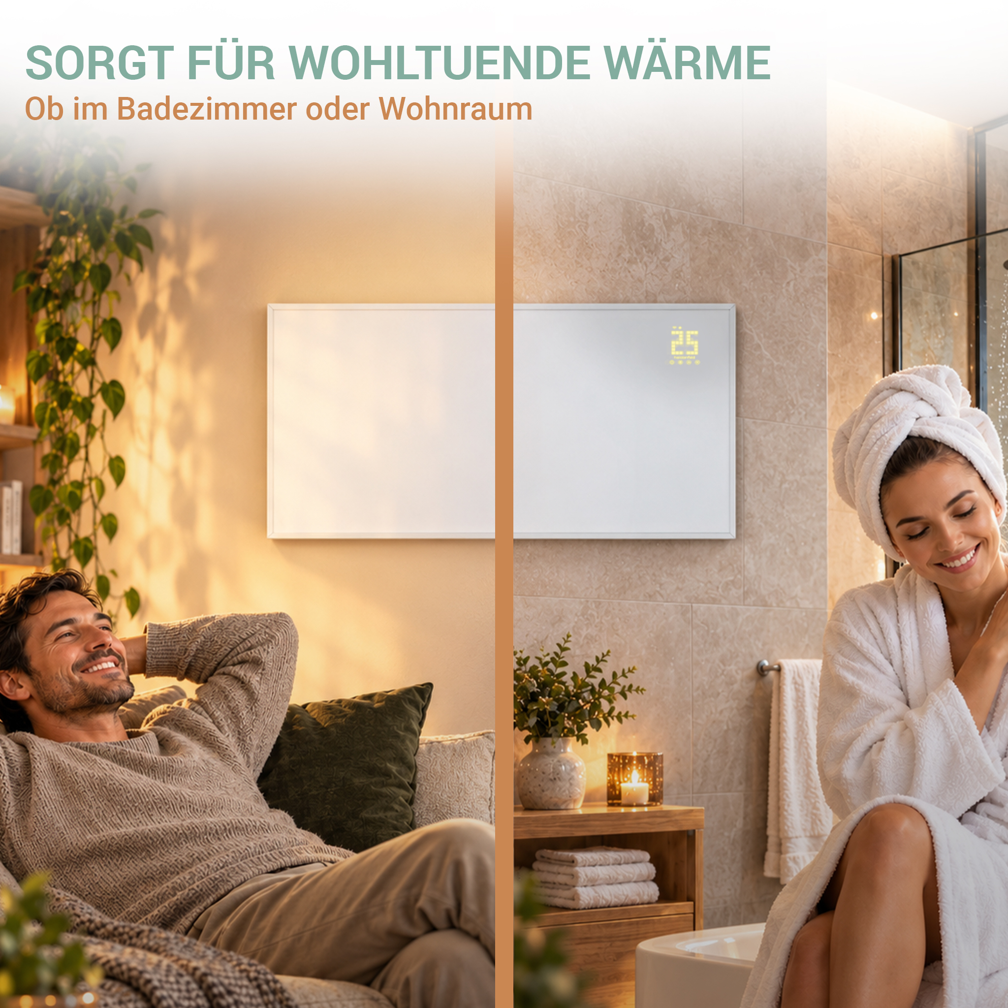 Geteilter Bildschirm zeigt einen Mann auf dem Sofa und eine Frau im Bad neben Infrarotheizungen.