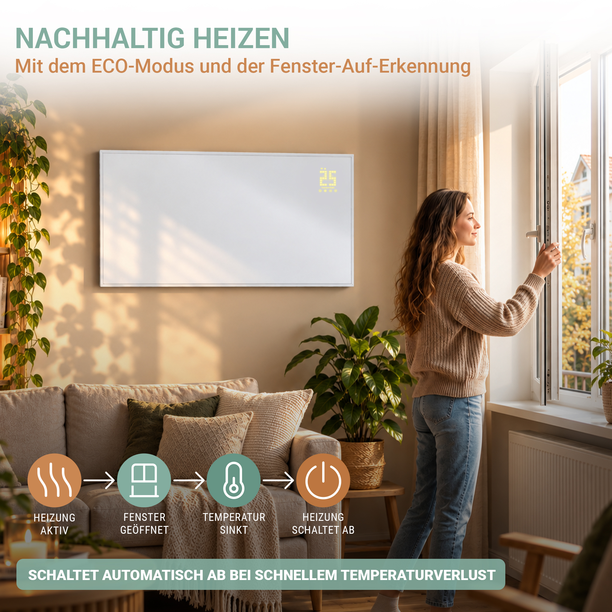 Frau öffnet Fenster in modernem Wohnzimmer mit Wandheizung und Pflanzen.