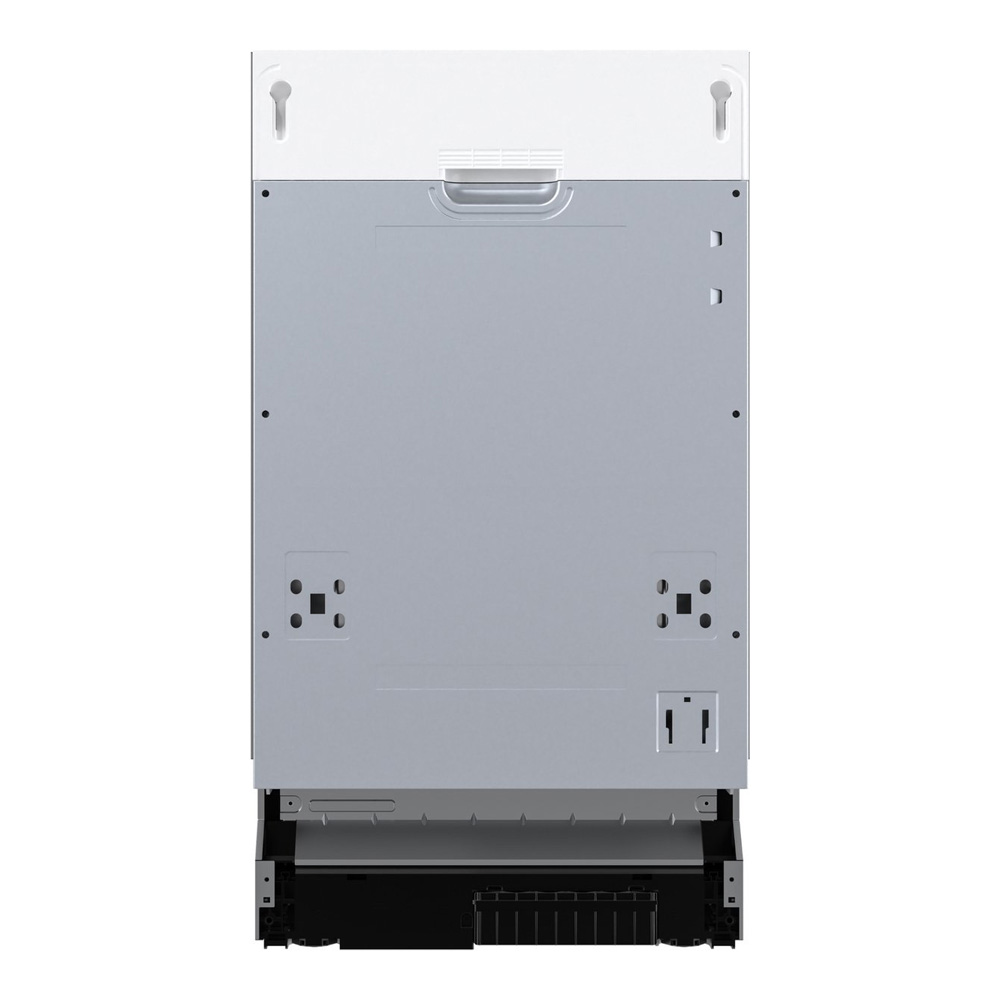 Front view of a built-in dishwasher with a white top panel and a silver metal door.