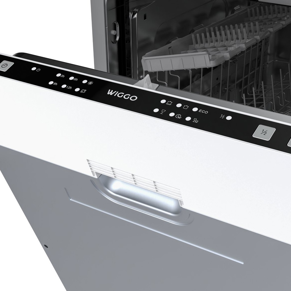 Open white and silver WIGGO dishwasher showing touch controls, brand logo, handle, and empty rack inside.