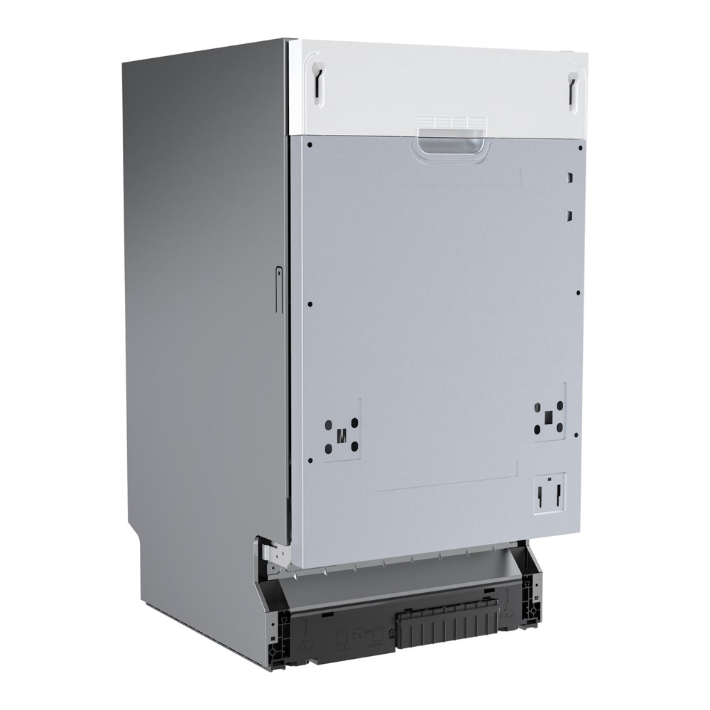 A white and grey built-in dishwasher with an integrated front and visible plinth against a white background.