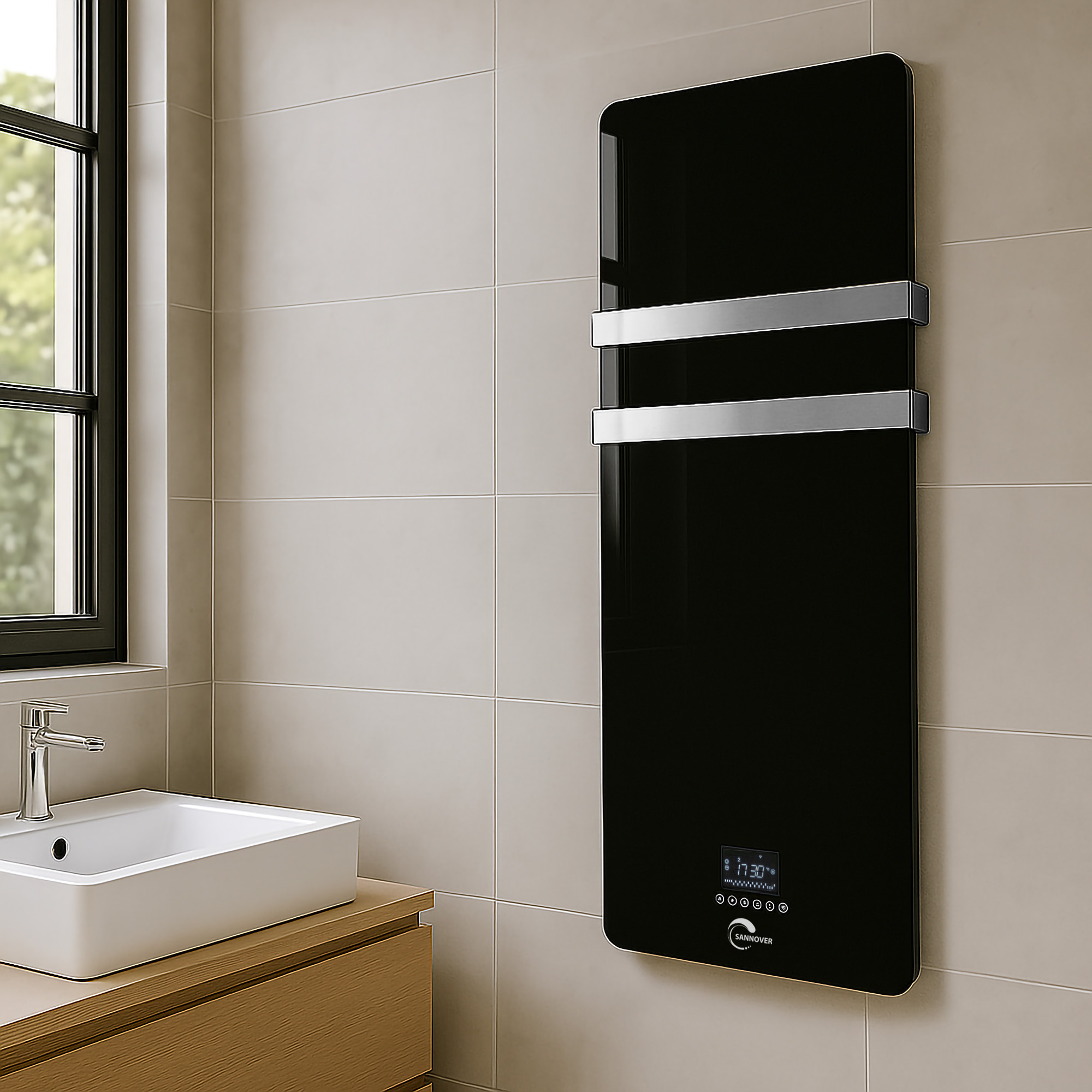 Un calientatoallas negro con dos barras plateadas cuelga de una pared alicatada junto a un lavabo.