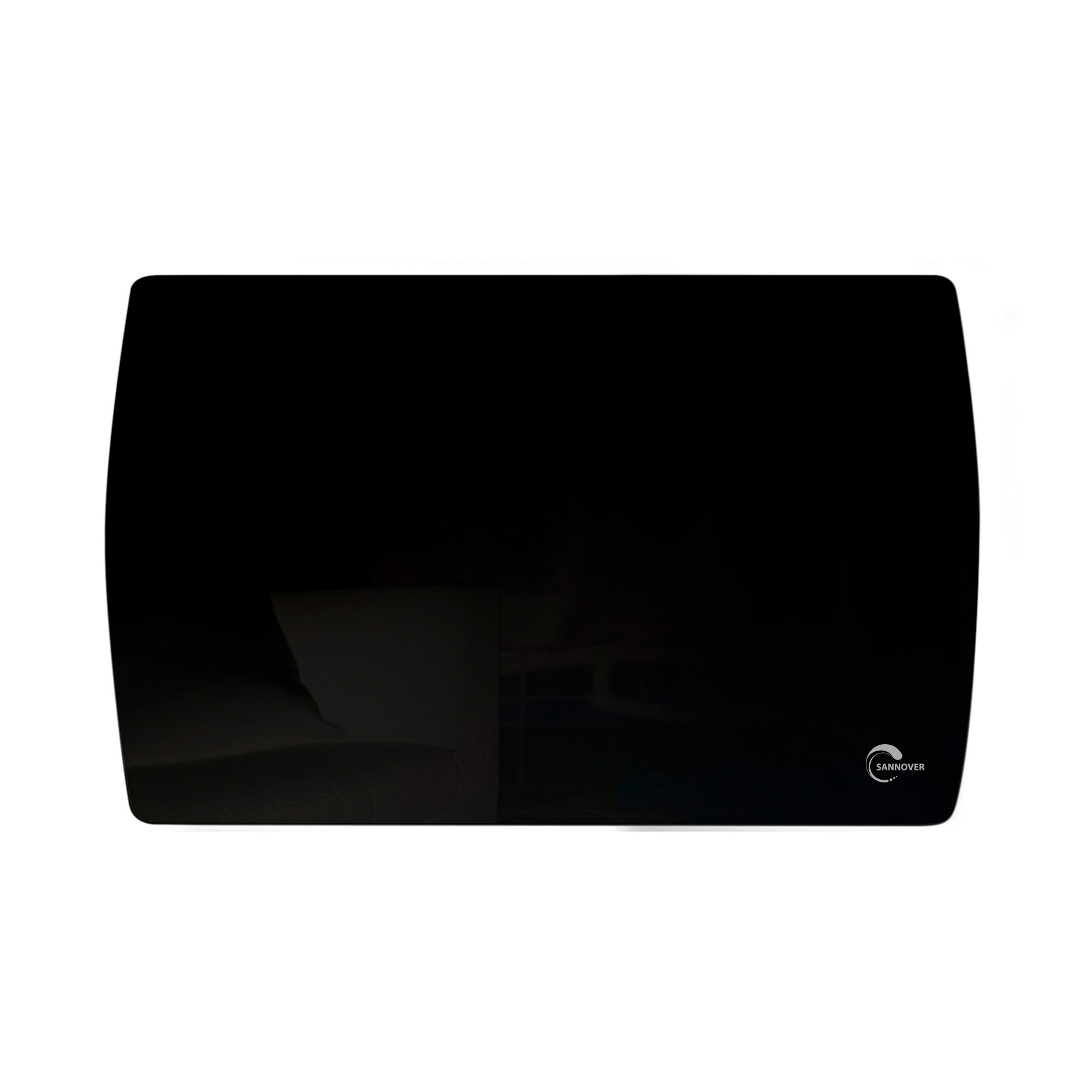 Pannello di vetro rettangolare nero con superficie riflettente e piccolo logo bianco del marchio in basso a destra.