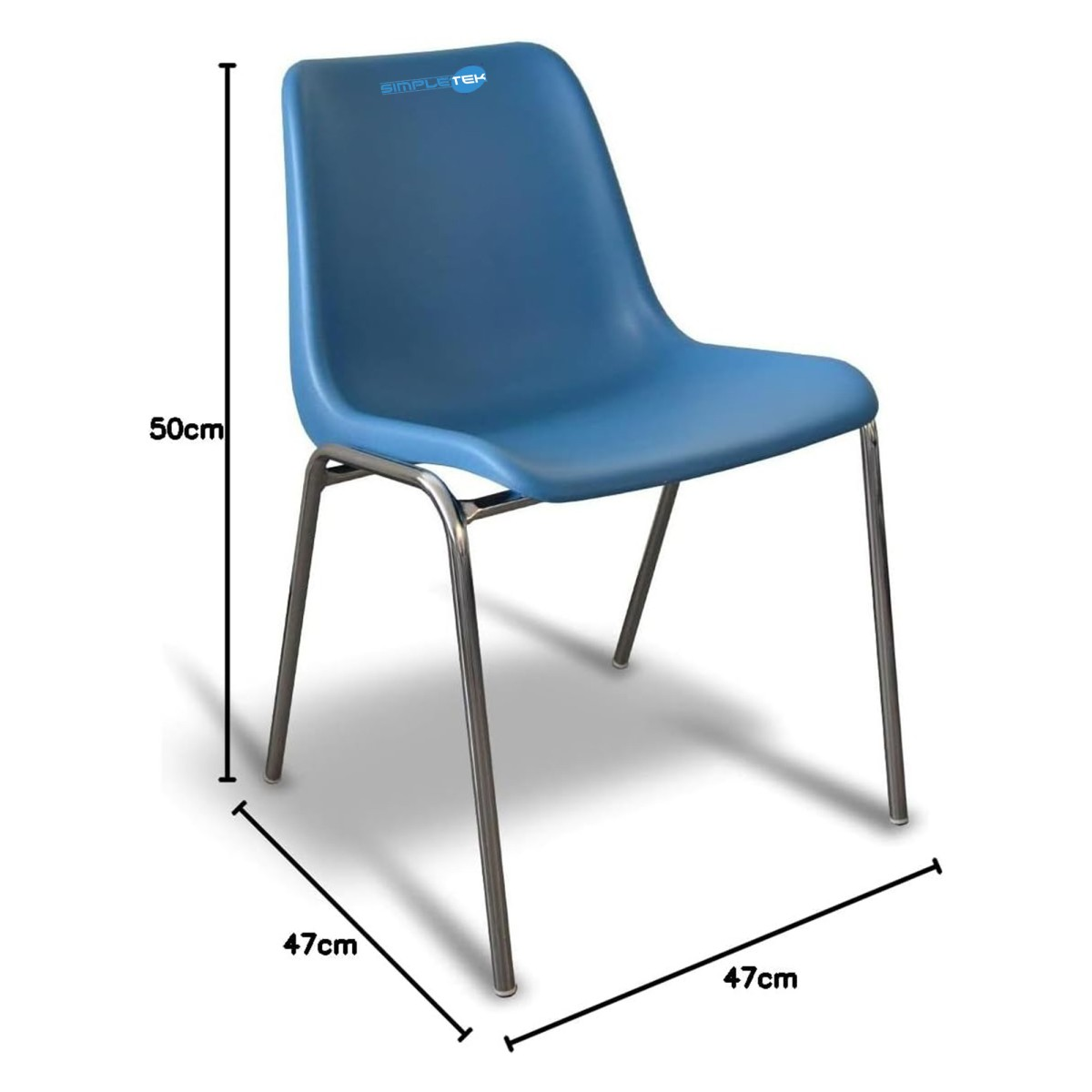 Una sedia in plastica blu con gambe in metallo e dimensioni di 50 cm di altezza e 47 cm di larghezza.